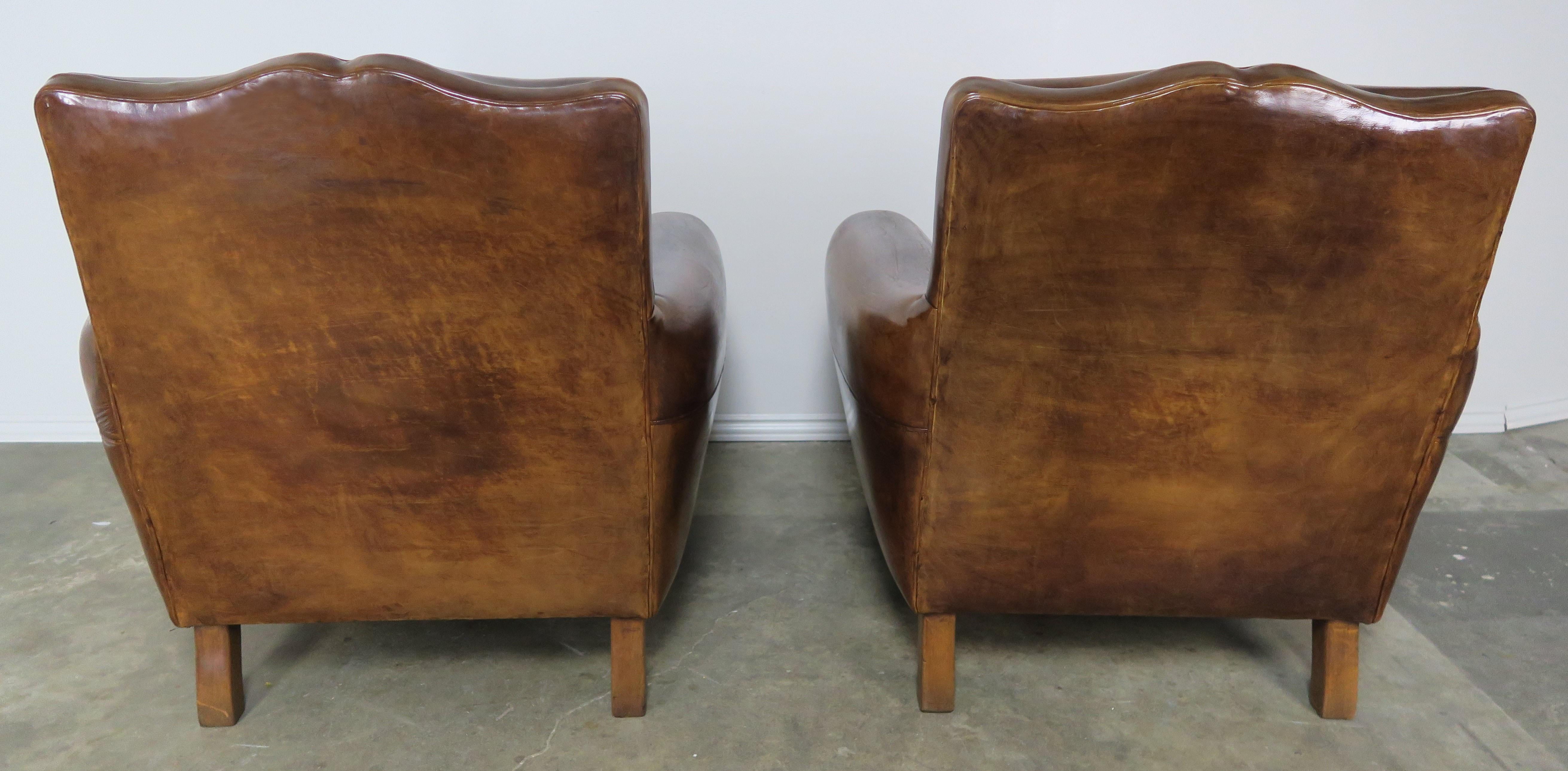 Pair of French Leather Deco Armchairs, circa 1930 5