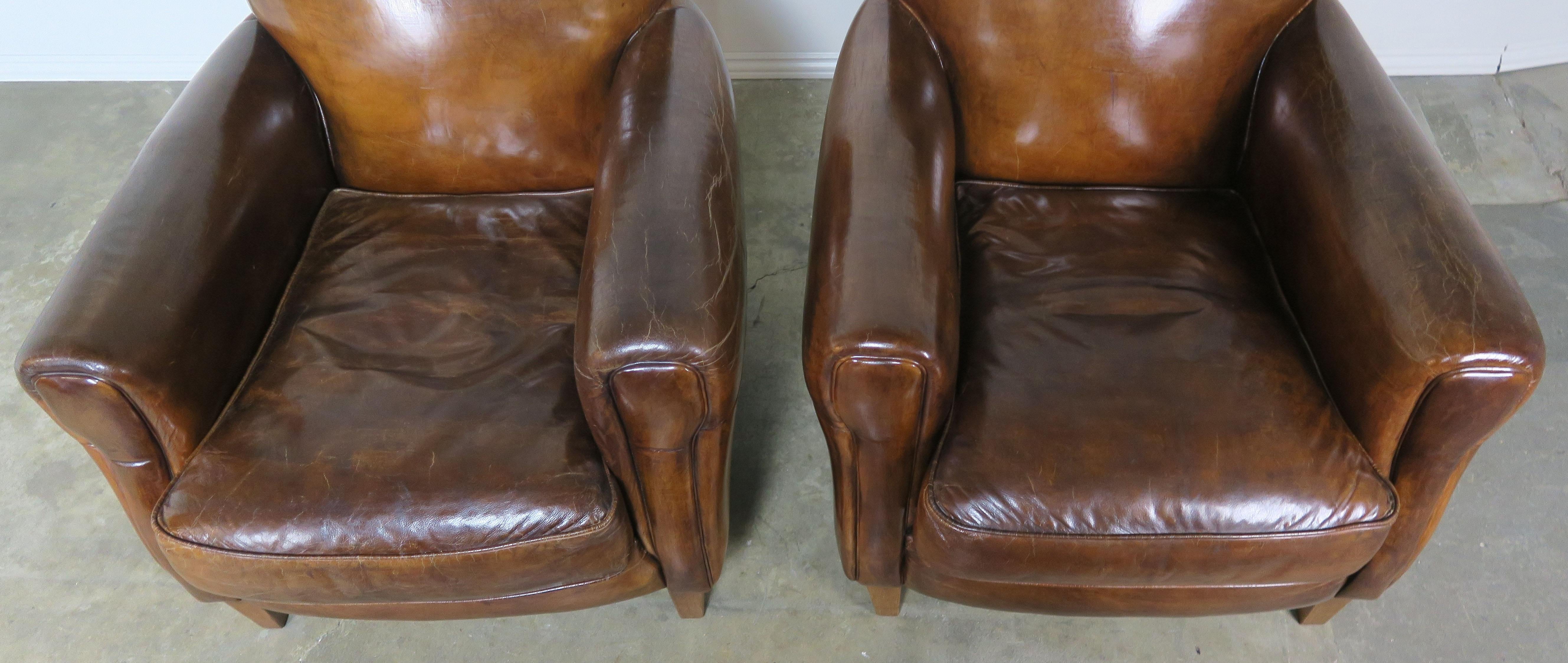 Pair of French Leather Deco Armchairs, circa 1930 7