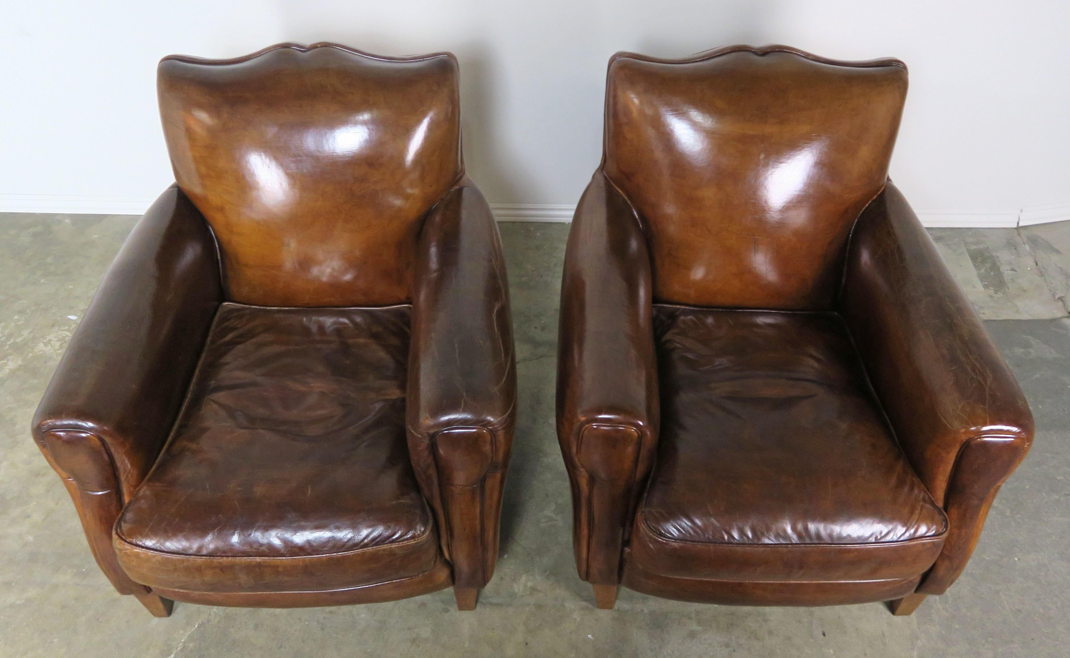 Art Deco Pair of French Leather Deco Armchairs, circa 1930