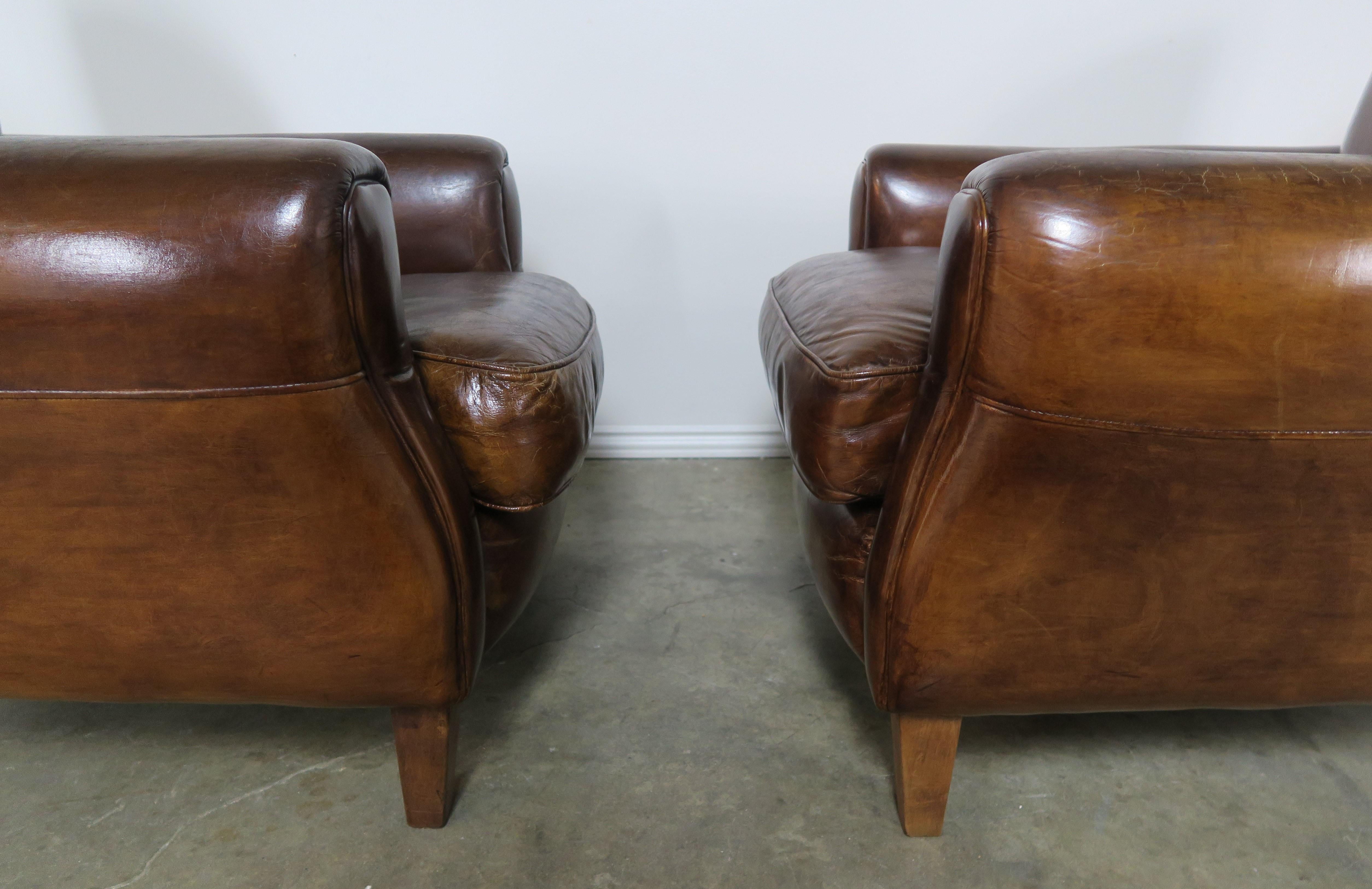 Mid-20th Century Pair of French Leather Deco Armchairs, circa 1930