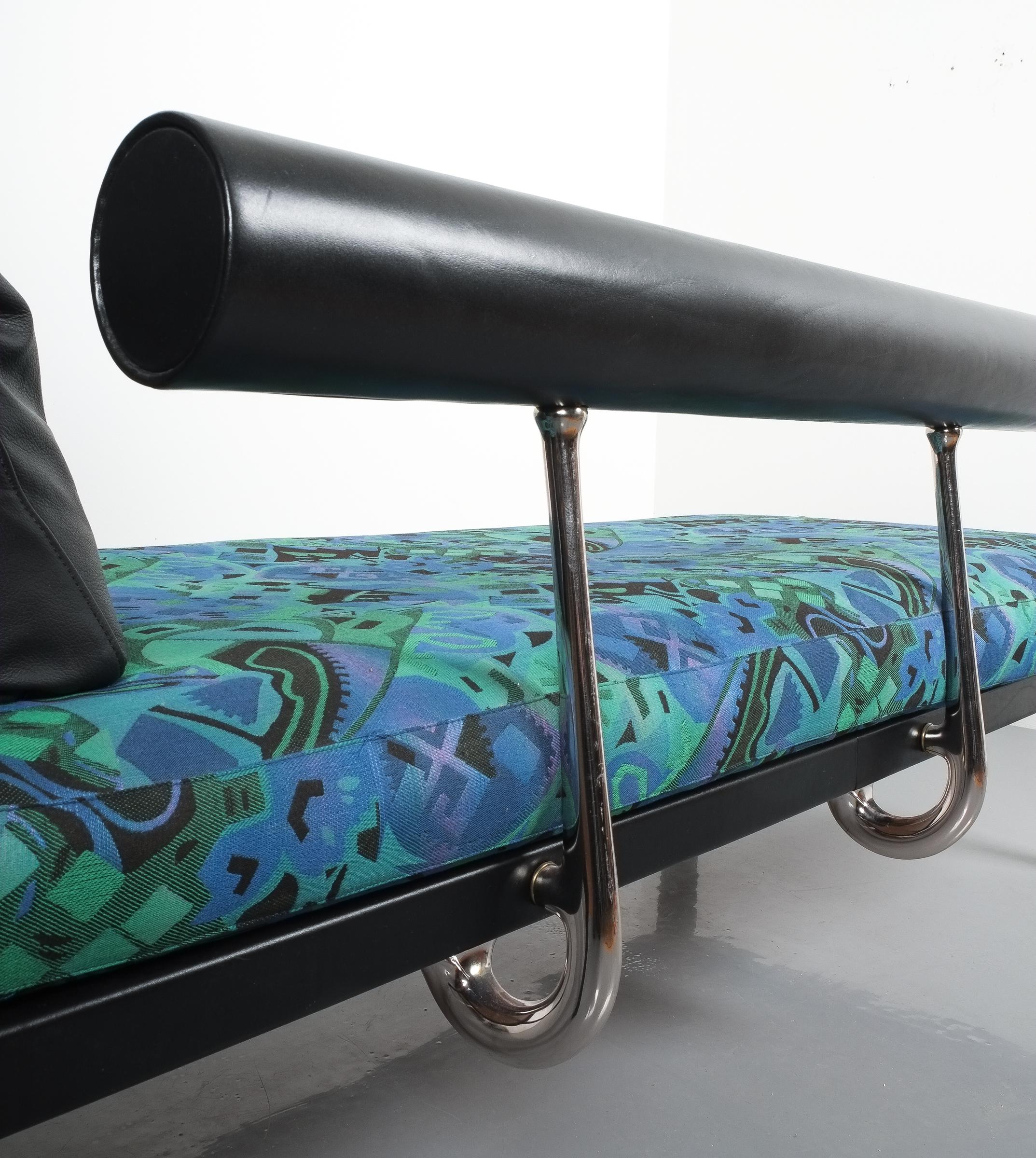Steel Leather Chaise Lounge Black Sofa Baisity by Antonio Citterio for B&B Italy, 1980