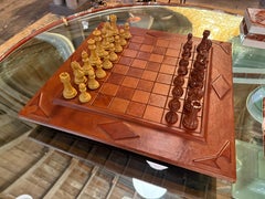 Leather Chess Set with Carved Wooden Pieces, Italy, 1960s–1970s