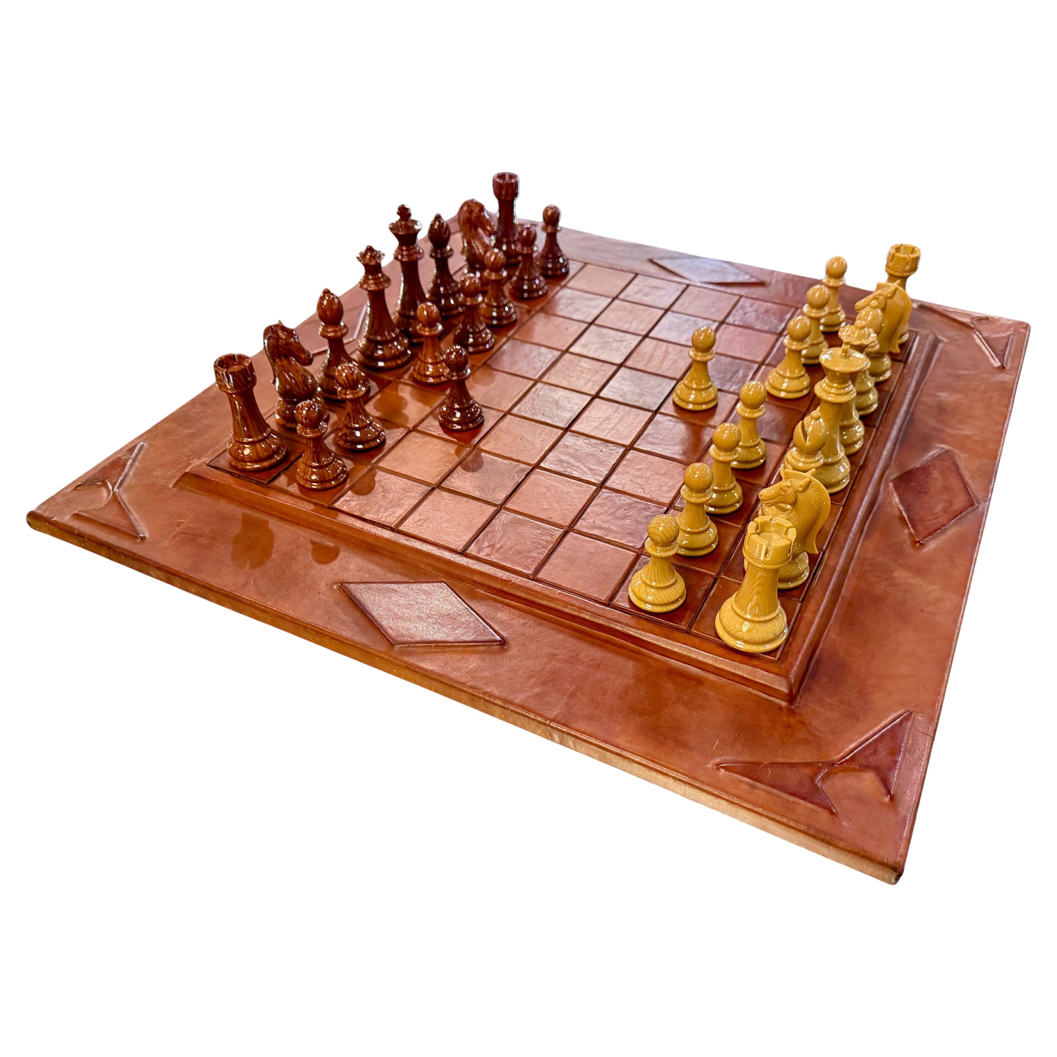 Leather Chess Set with Carved Wooden Pieces, Italy, 1960s–1970s For Sale