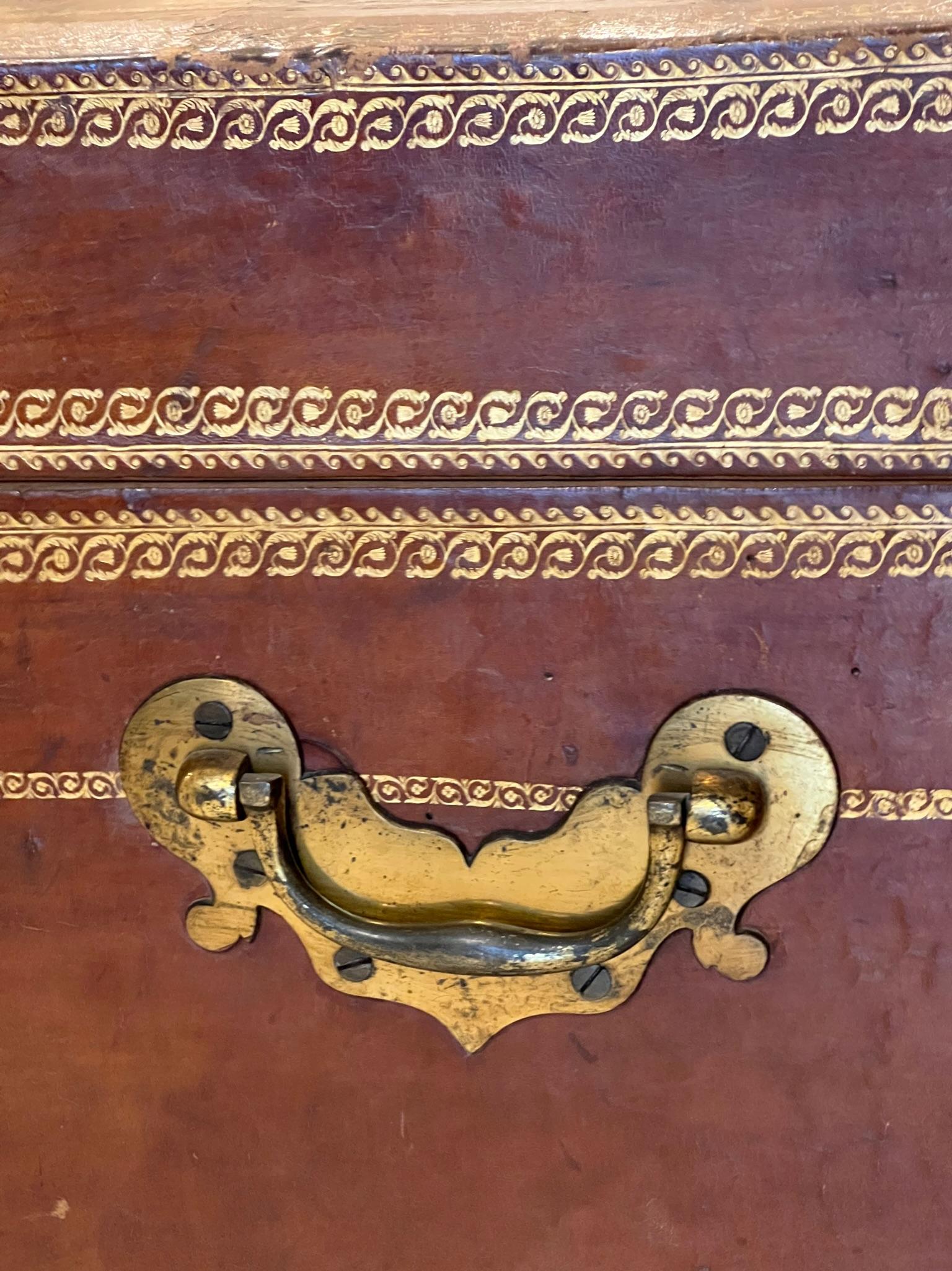 Leather Chest, 19th Century, with Gilded Detail In Fair Condition For Sale In New Orleans, LA