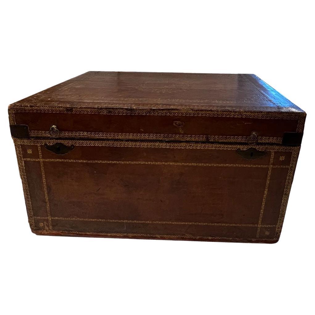 Leather Chest, 19th Century, with Gilded Detail of a Cardinal For Sale