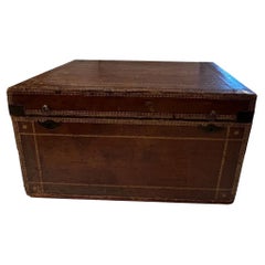 Antique Leather Chest, 19th Century, with Gilded Detail of a Cardinal