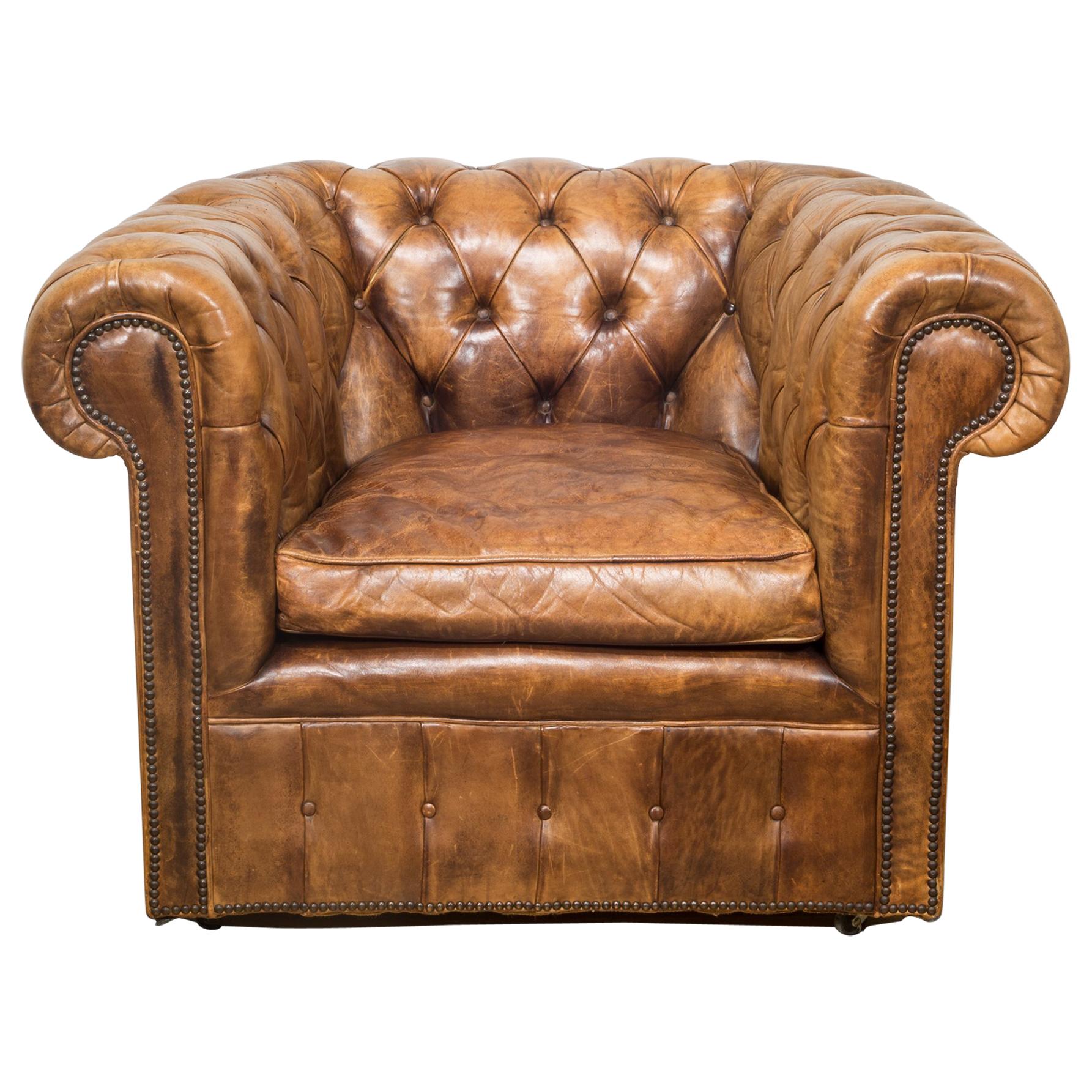 Industrial Leather Chesterfield Club Chair, circa 1950-1970