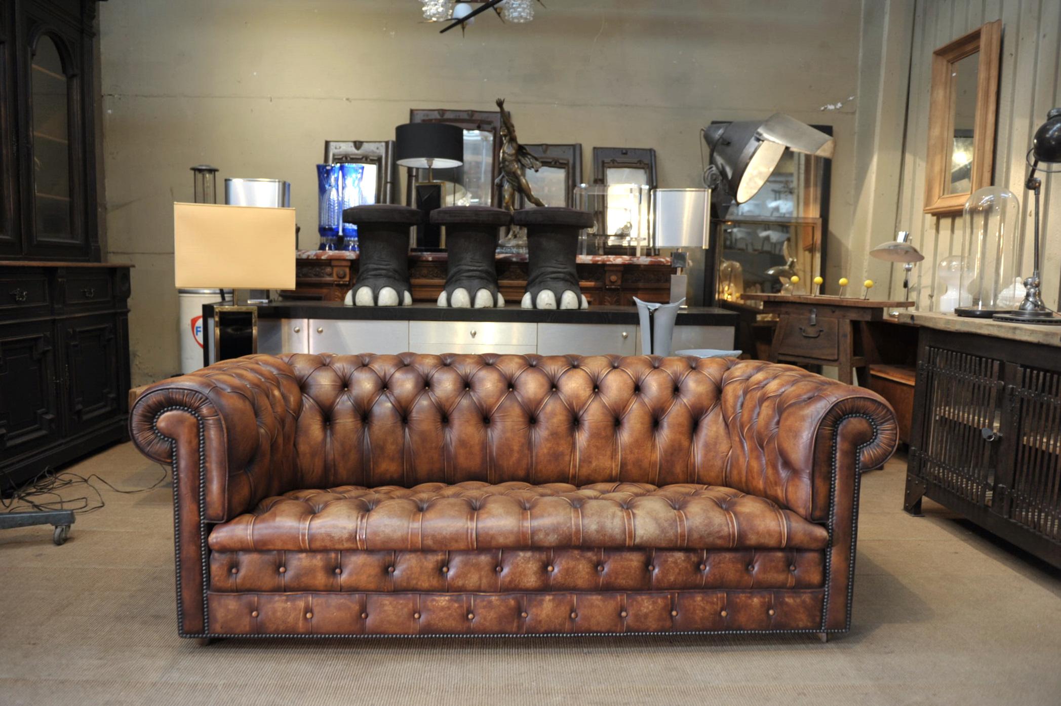 Mid-Century Modern Leather Chesterfield Sofa circa 1970 from 