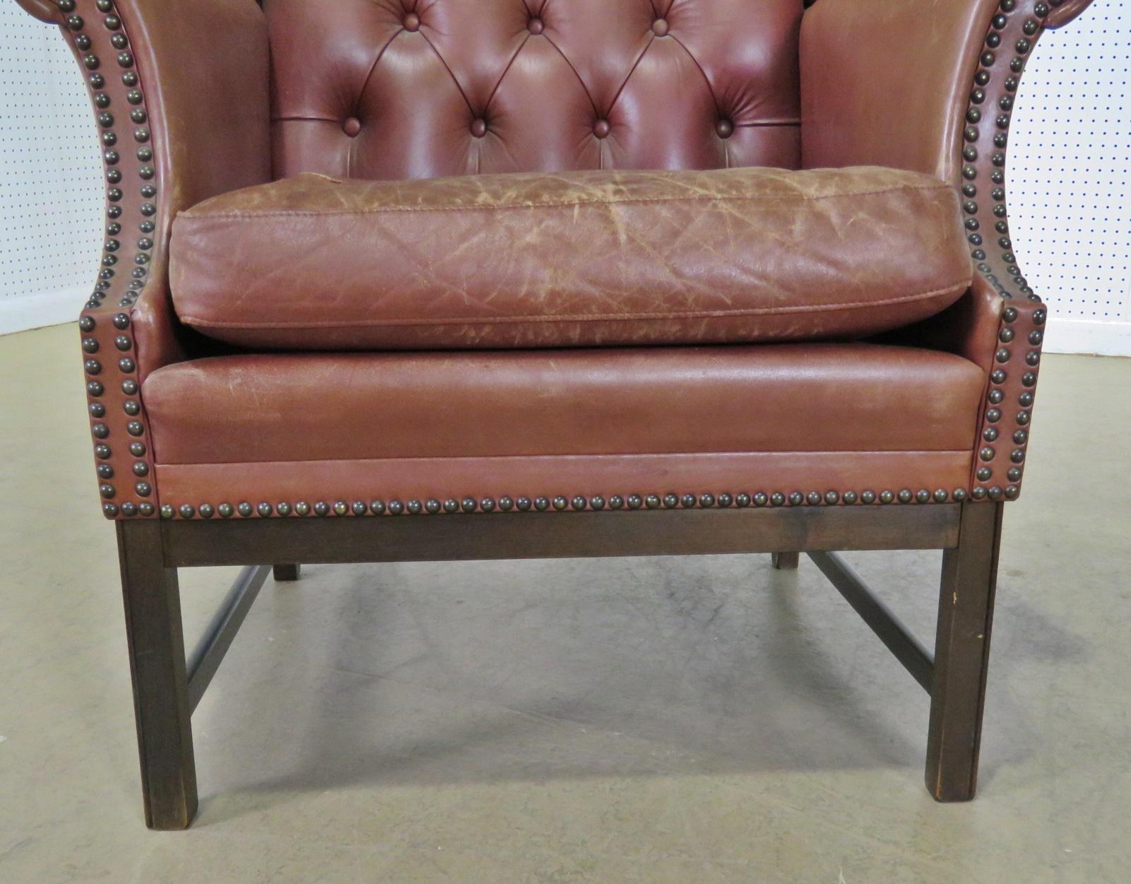 Metal Chippendale Mahogany Leather Chesterfield Style Wingback Fireside Chair