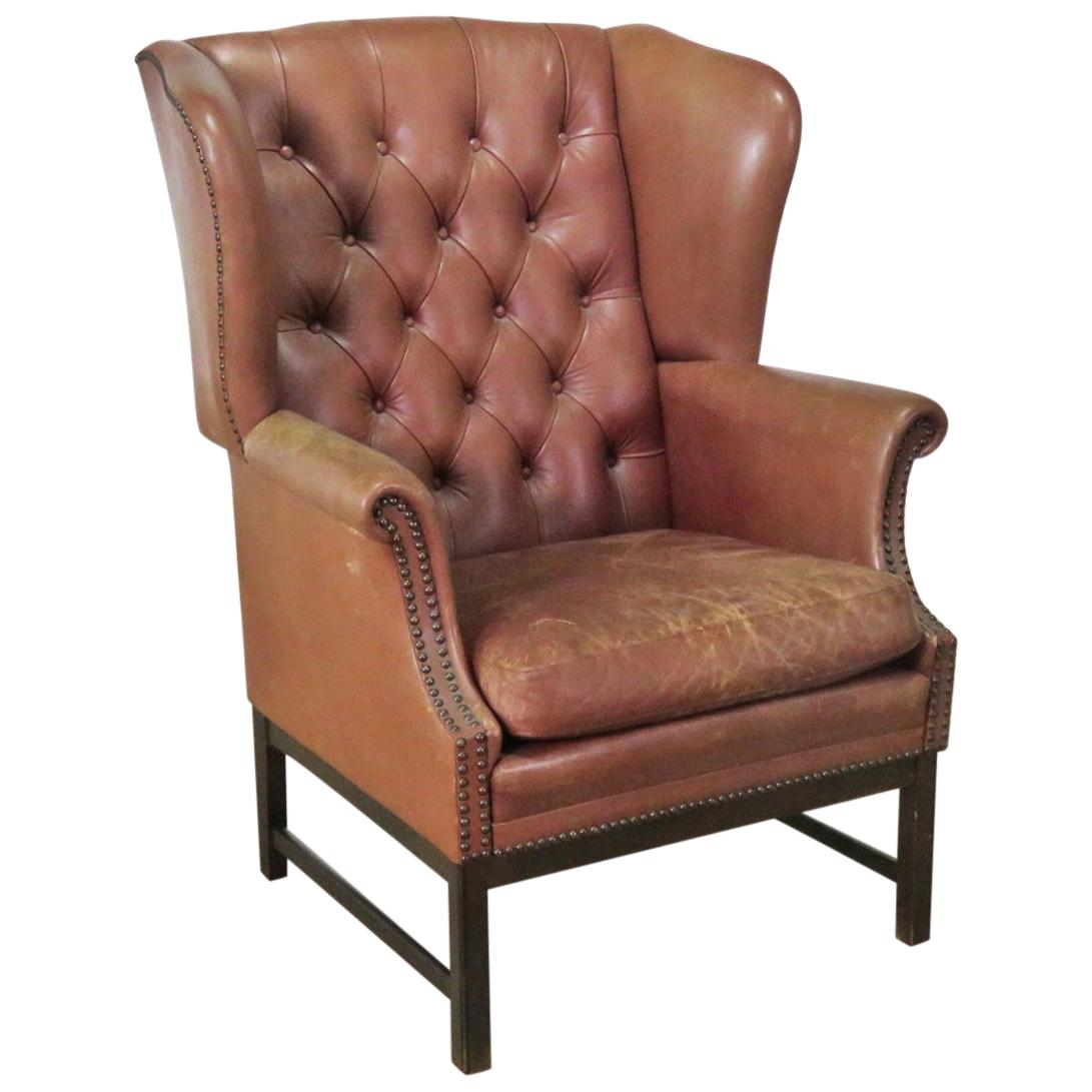 Chippendale Mahogany Leather Chesterfield Style Wingback Fireside Chair