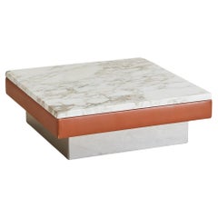 Leather + Chrome Base Square Coffee Table with Marble Top, France Circa 1970s