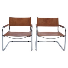 Leather & Chrome Cantilever Easy Lounge Chairs, 1970s