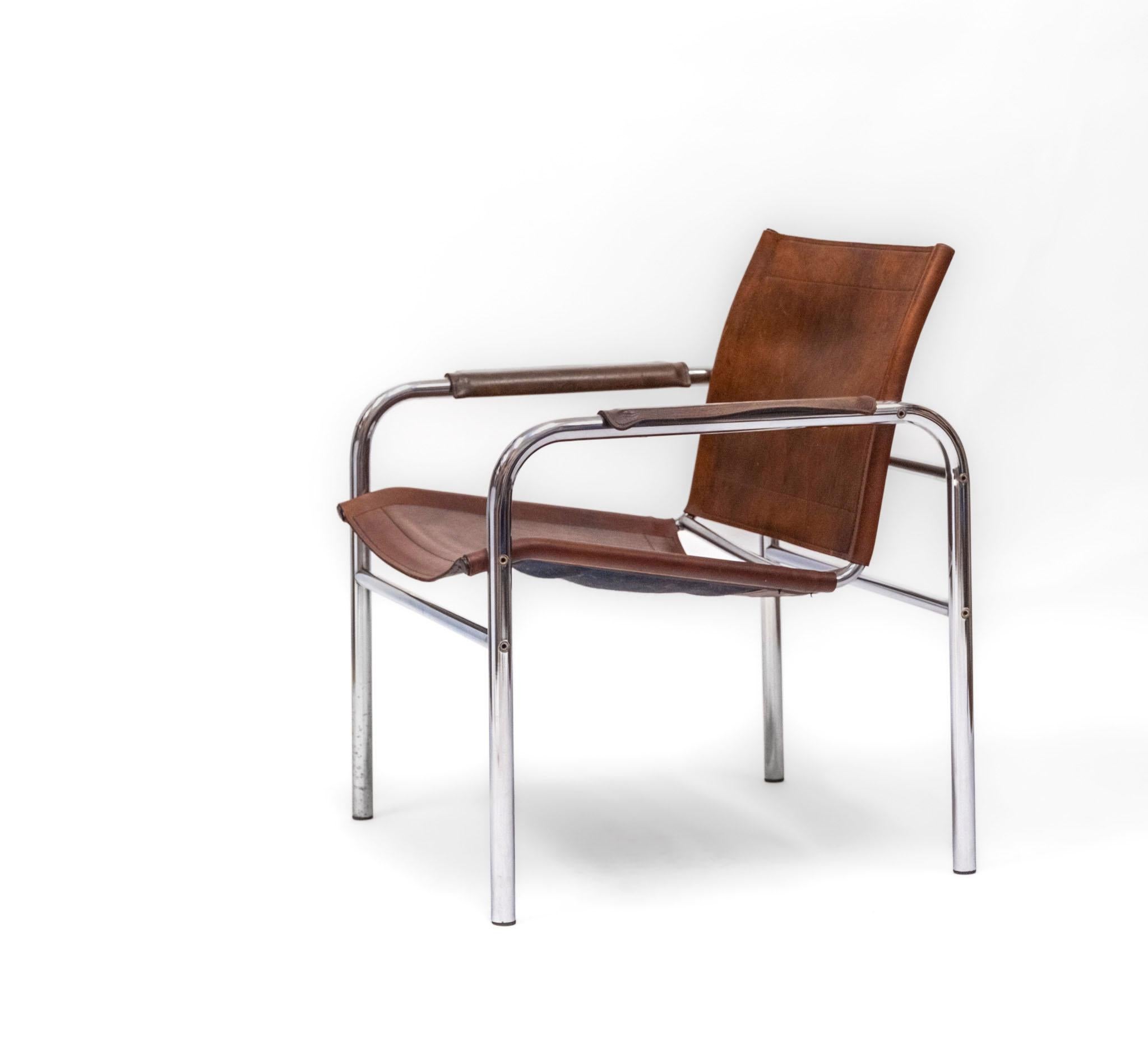 Sillón Easy de cuero y cromo Attr Tord Björklund Para Ikea Años 80 siglo XX en venta
