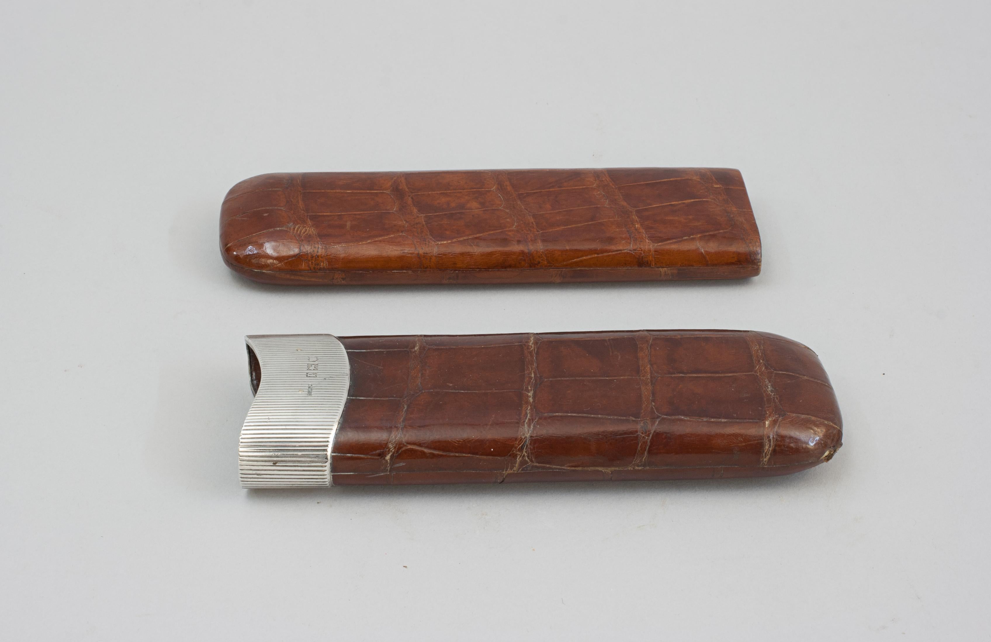 British Leather Cigar Case With Silver Mounts For Sale