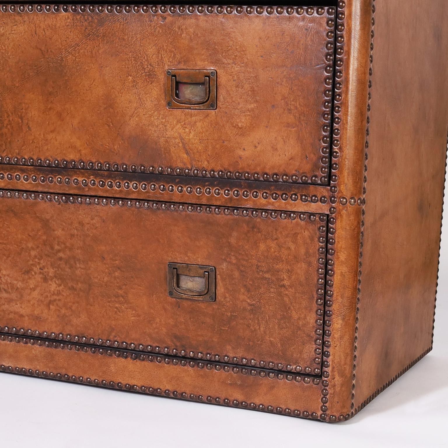Leather Clad Campaign Style Chest of Drawers or Dresser 2