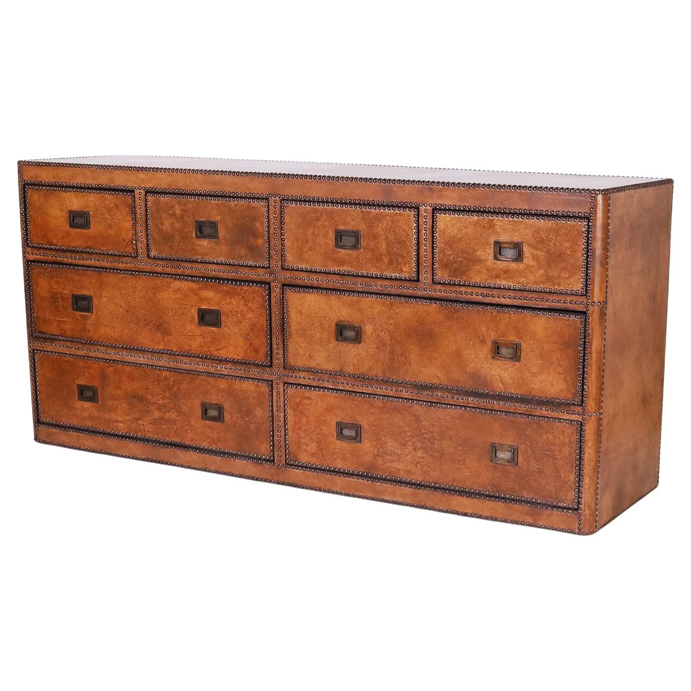 Leather Clad Campaign Style Chest of Drawers or Dresser