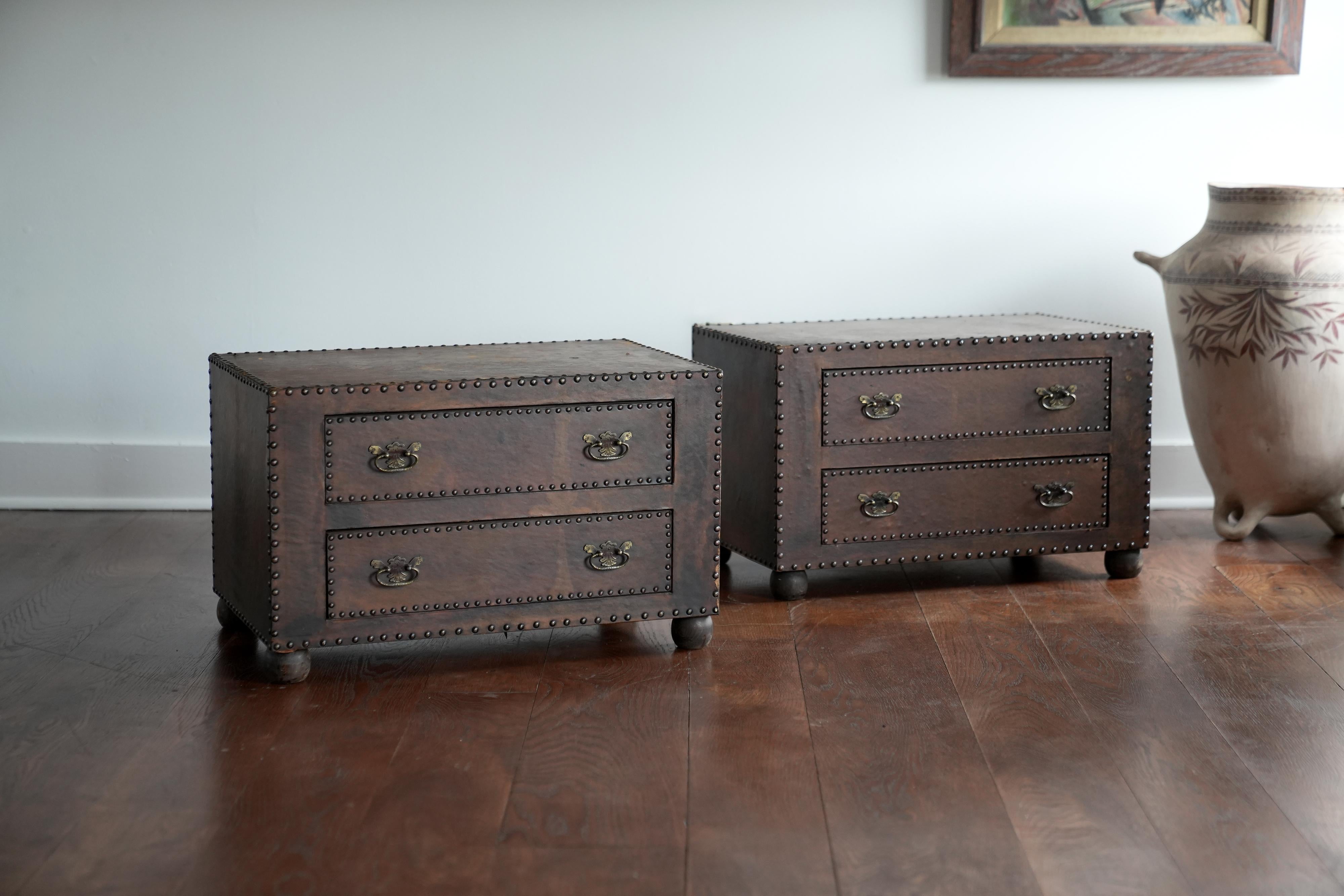 Lovely patina. Nice finished suede interior drawers. Nail trim.
