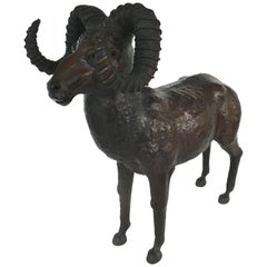 Leather-Clad Ram Sculpture with Glass Eyes