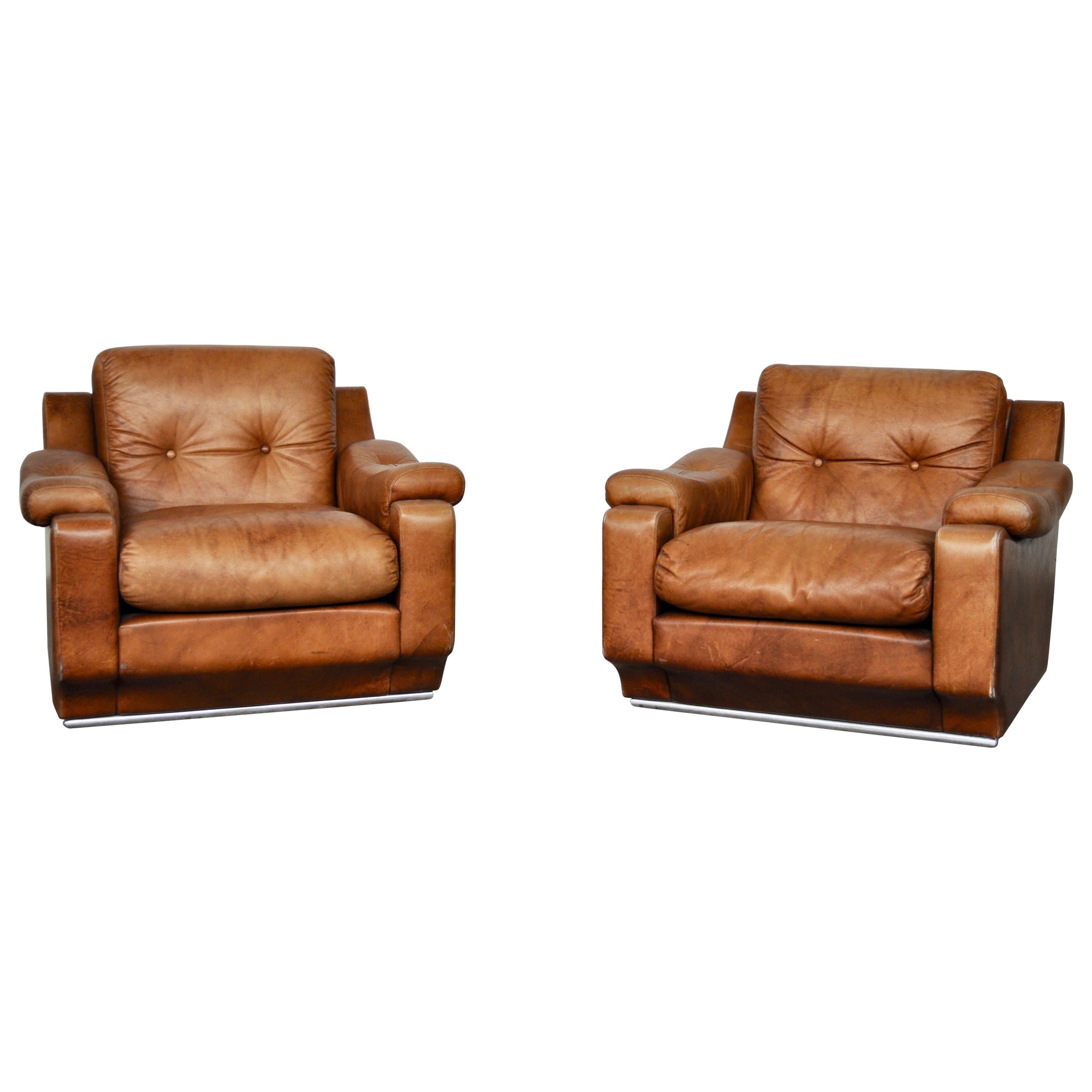 Leather Club Chairs with Metal Polyshed Base Structure, Italy, 1970s For Sale