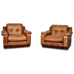 Leather Club Chairs with Metal Polyshed Base Structure, Italy, 1970s
