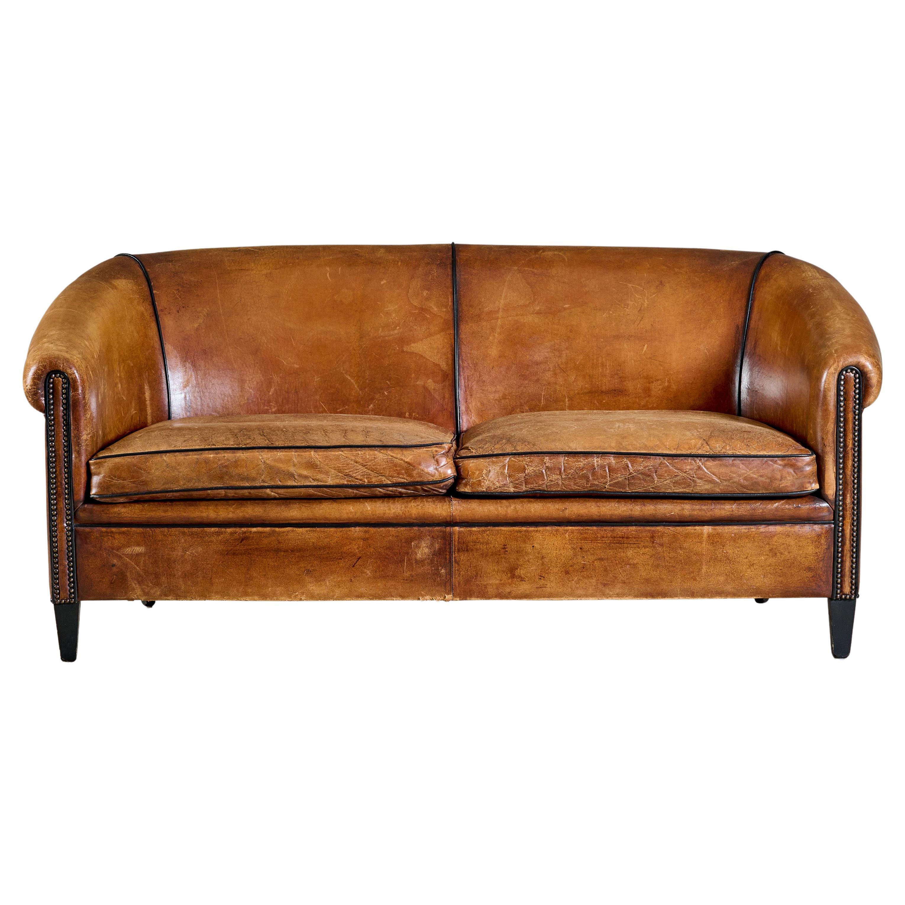 Leather Club Style Sofa For Sale