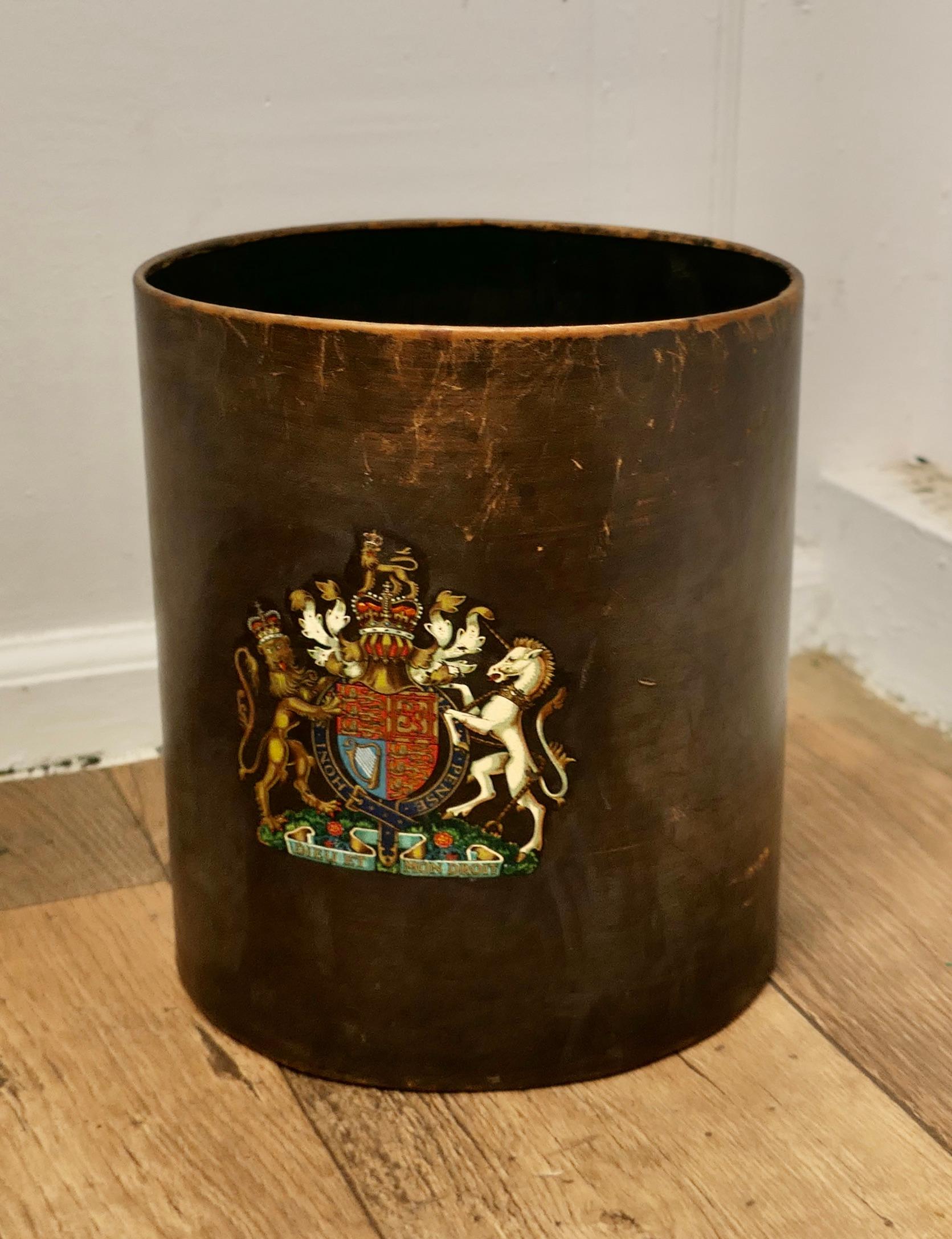 Leather Coat of Arms Waste Paper Basket

The basket is made in leather with the Royal Crest, it is a super looking piece and will enhance any study

The basket is 11” high and 10” in diameter and in good used condition
SW309
