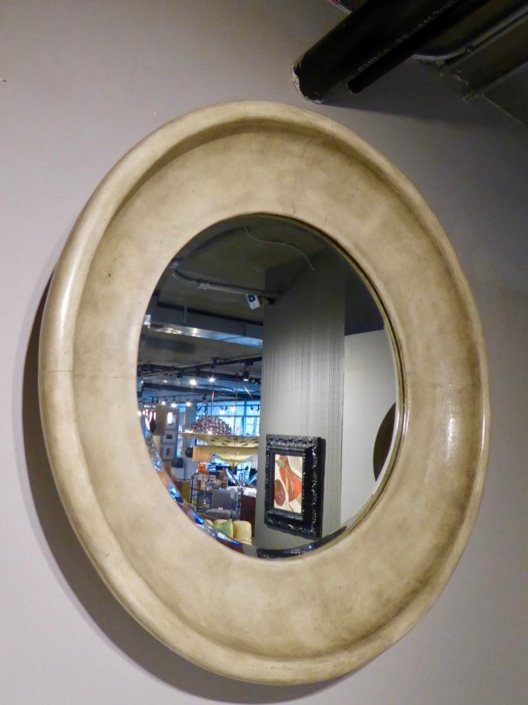 Mid-Century Modern Leather-Covered Circular Mirror Attributed to Maitland Smith