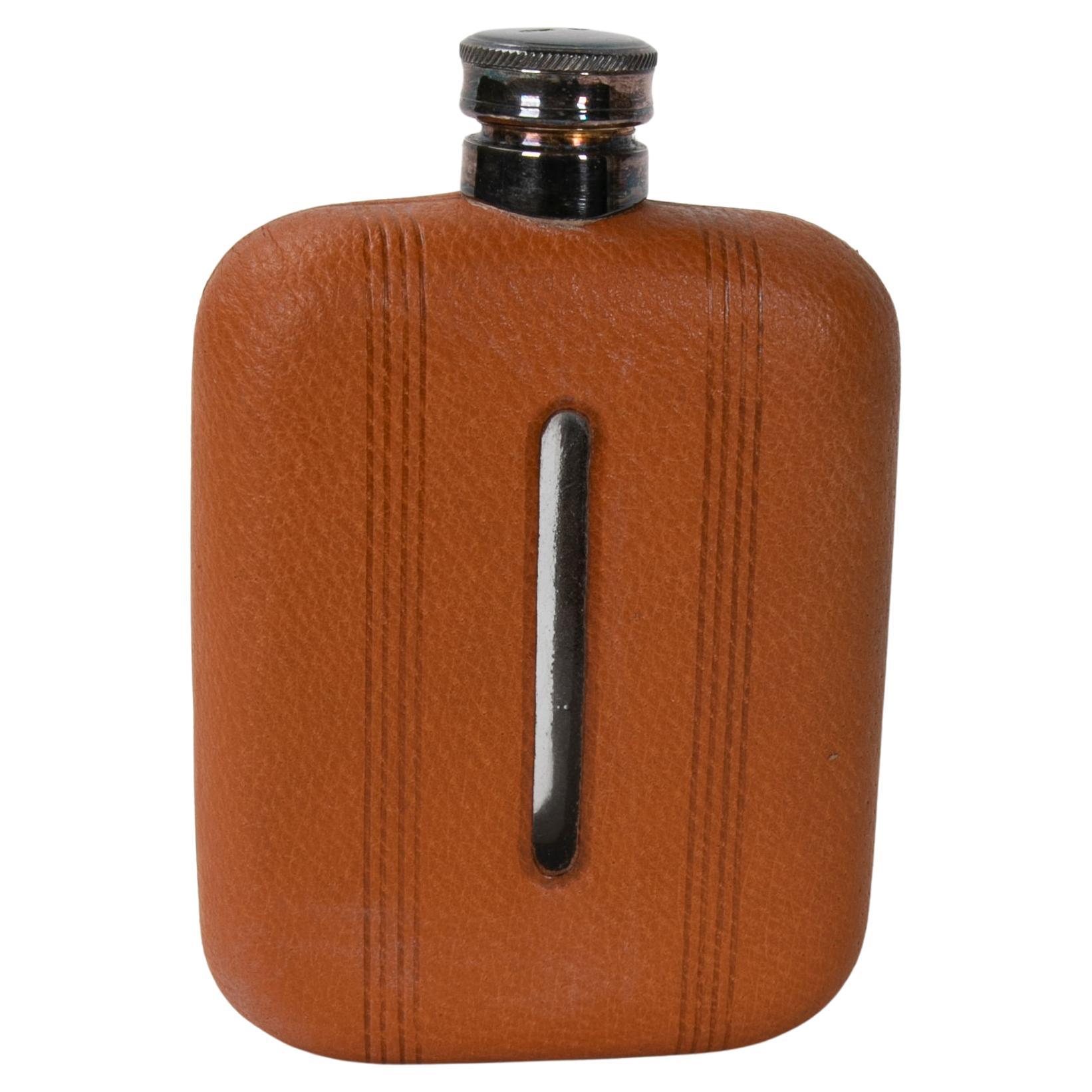 Leather-Covered Crystal Whisky Flask with Silver Lid and Case