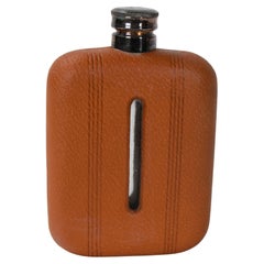 Retro Leather-Covered Crystal Whisky Flask with Silver Lid and Case