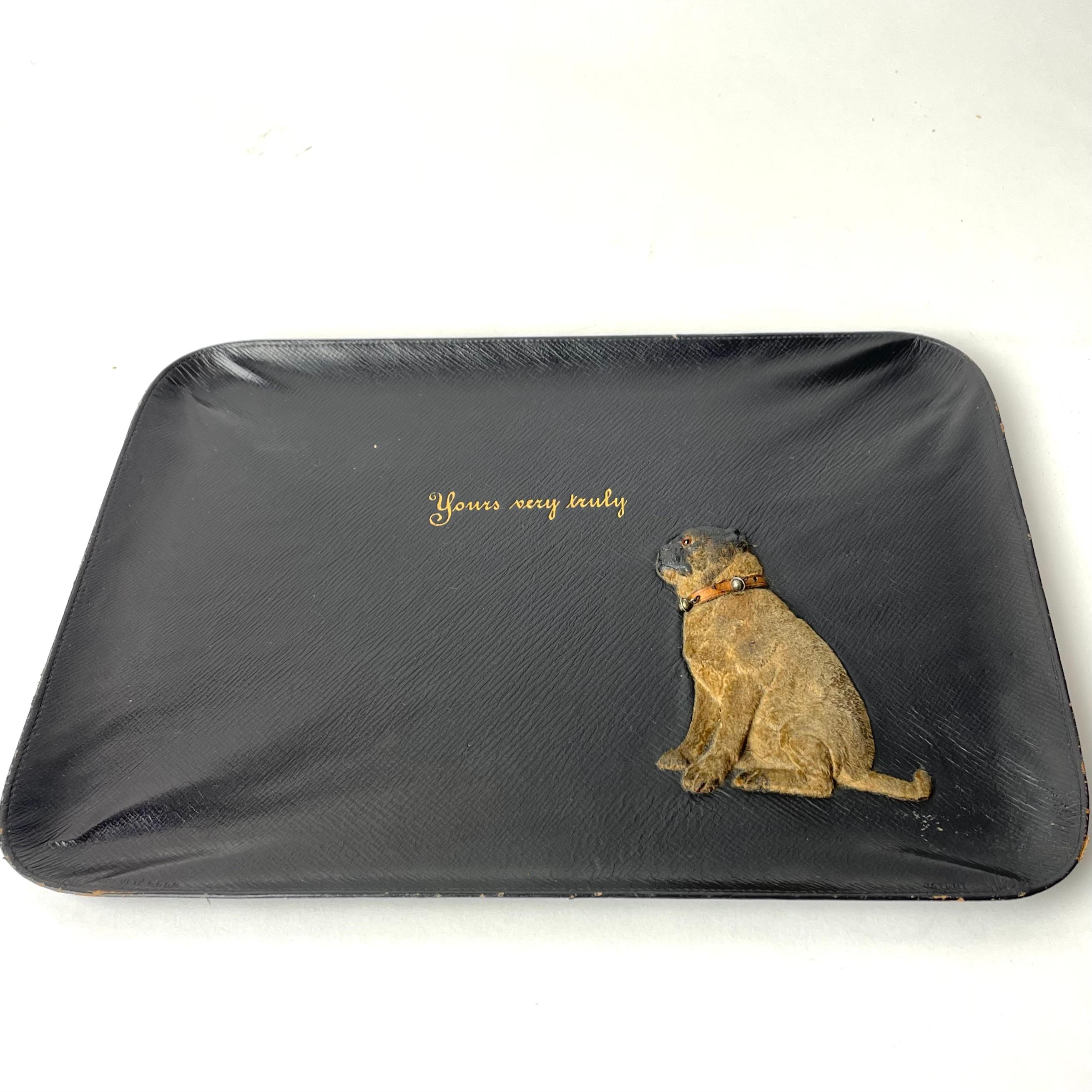 Austrian Leather-covered Desk dish with charming dog from the early 20th Century For Sale