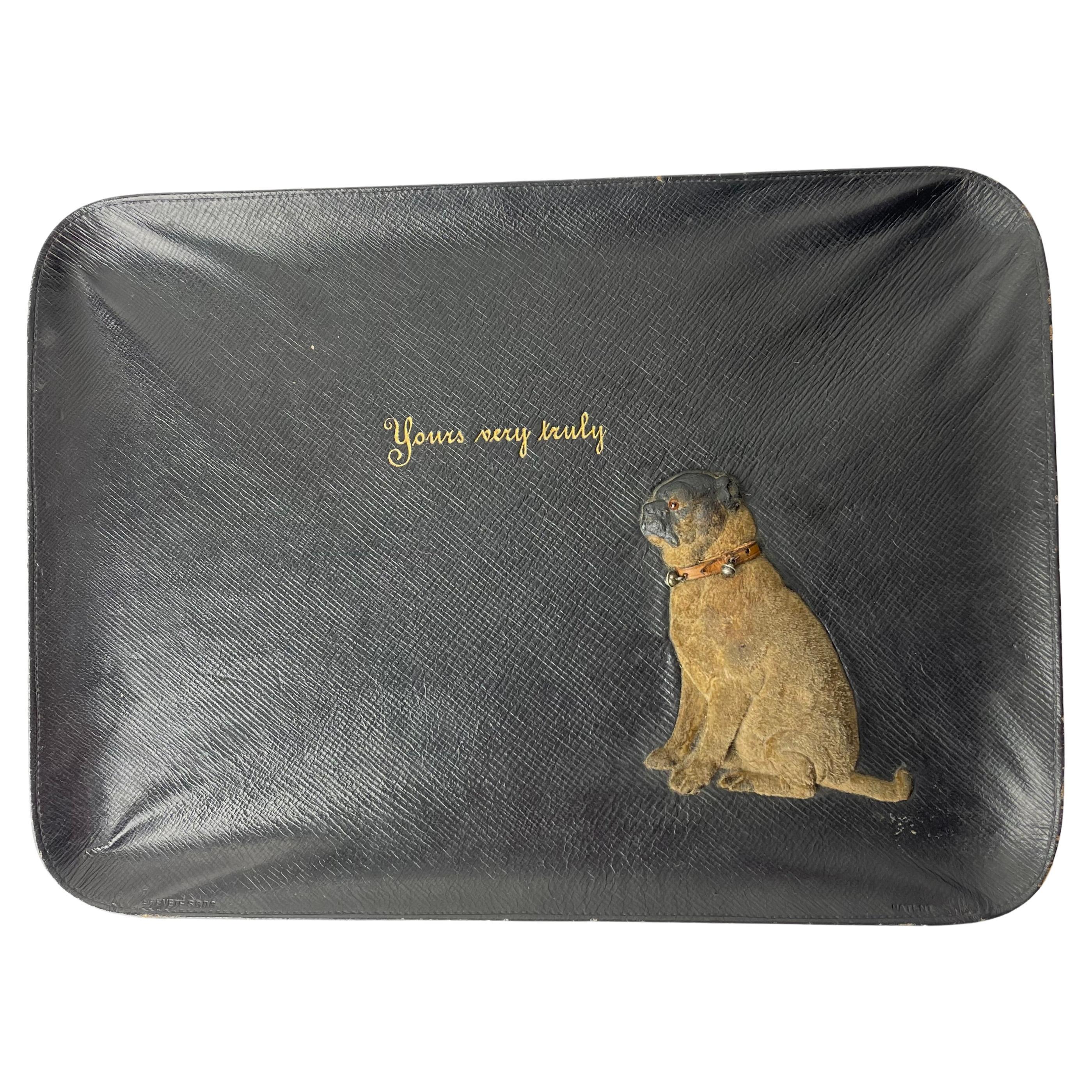 Leather-covered Desk dish with charming dog from the early 20th Century For Sale