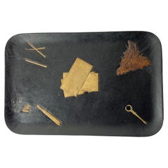 Used Leather-covered Desk Dish with Smoking Accessories from the early 20th Century