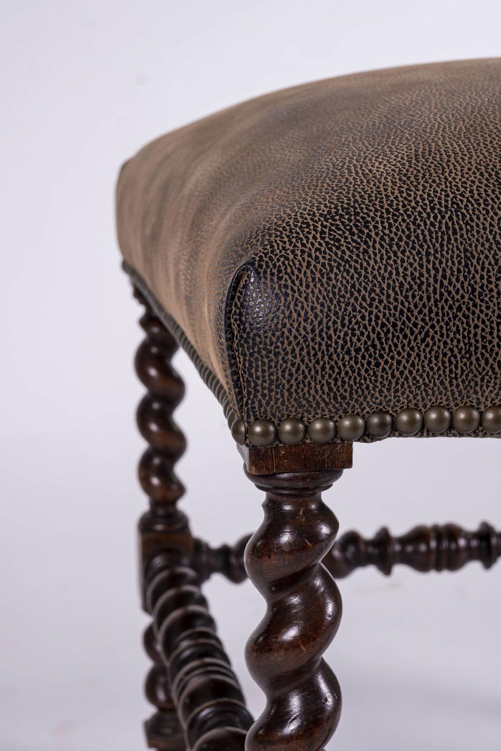 Hand-Carved Leather-Covered Louis XIII Walnut Stool