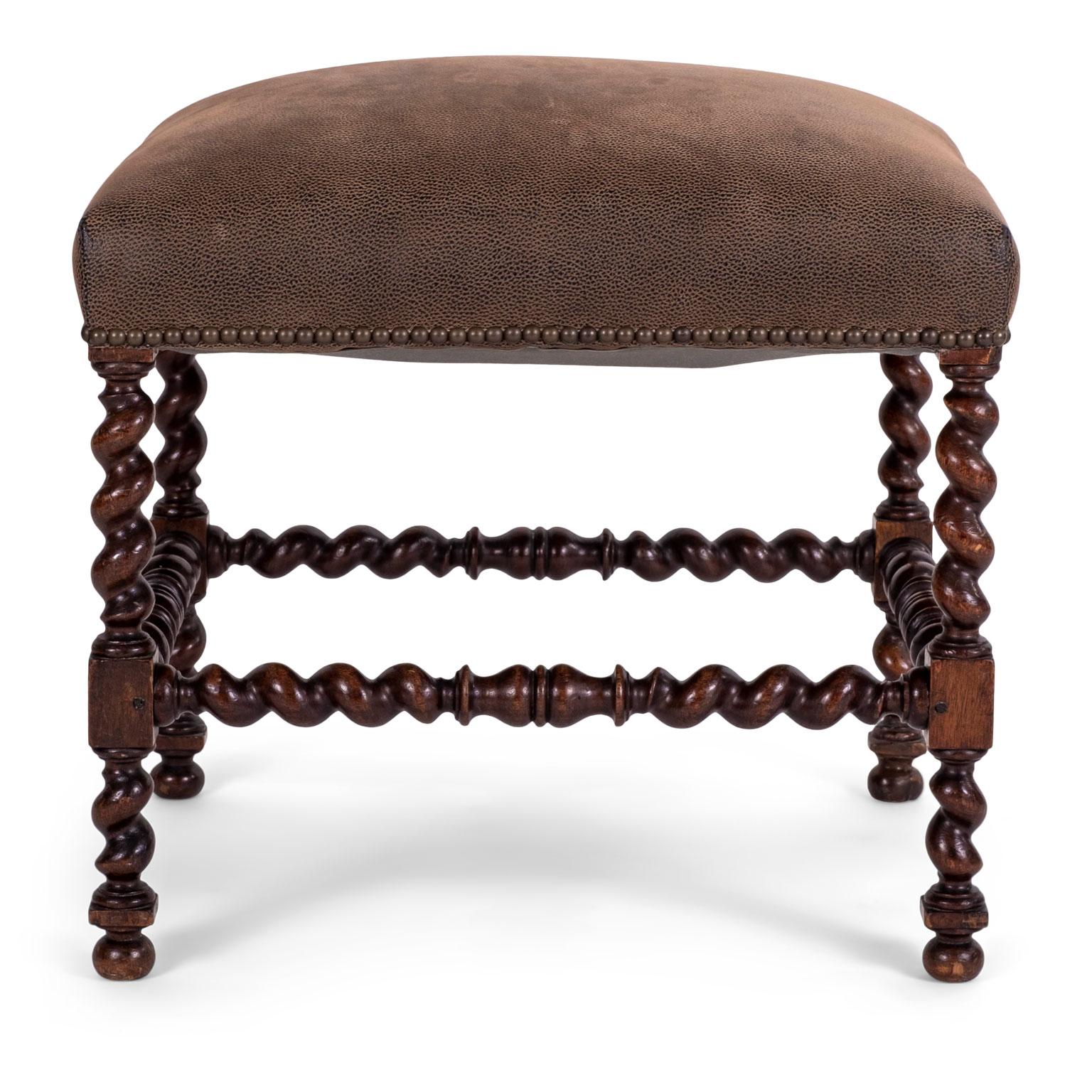 19th Century Leather-Covered Louis XIII Walnut Stool