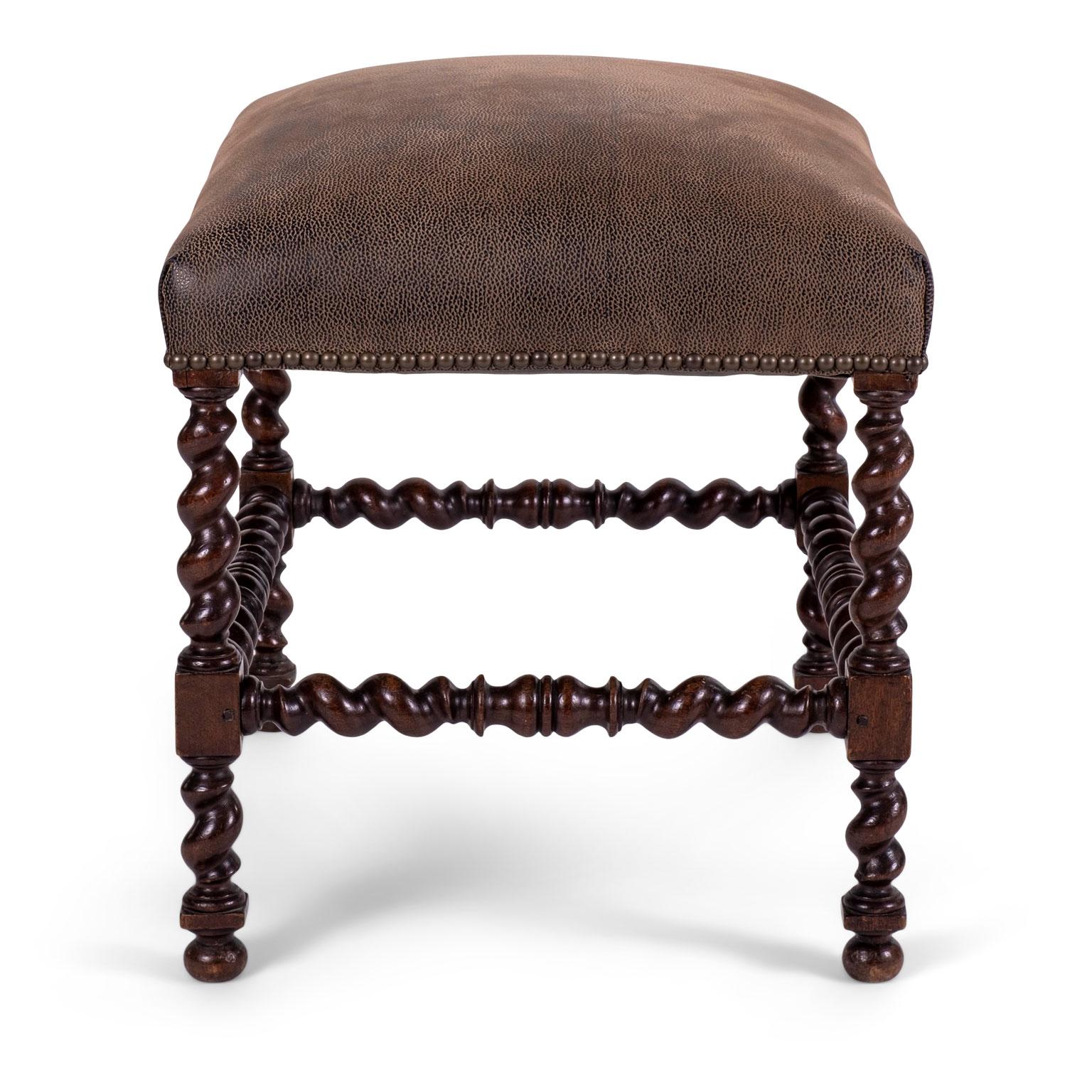 Leather-Covered Louis XIII Walnut Stool 1