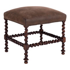 Antique Leather-Covered Louis XIII Walnut Stool