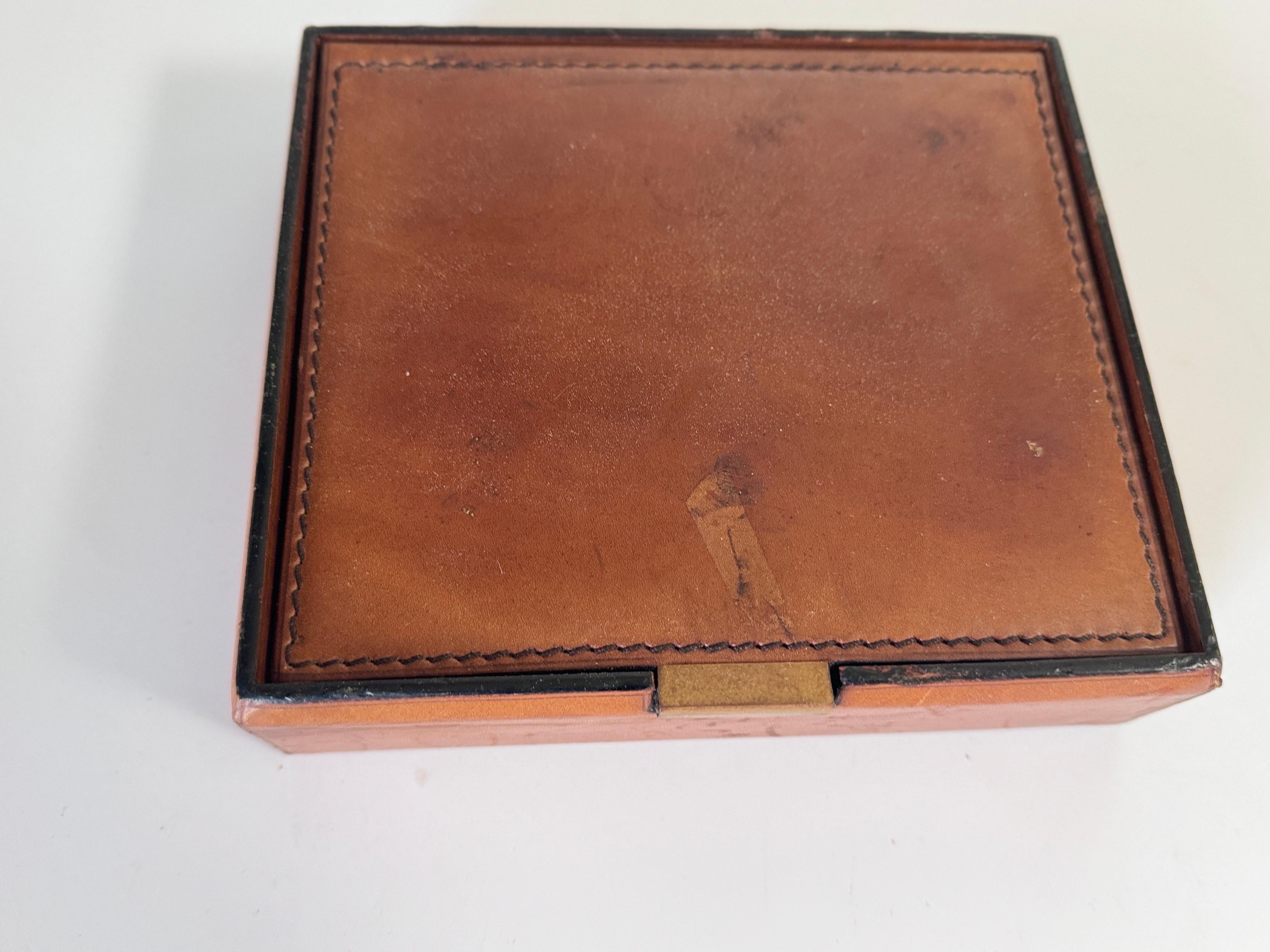 Leather Covered Tobacco Box Wood Brown Jacques Adnet Style France 1940 by Lancel For Sale 6