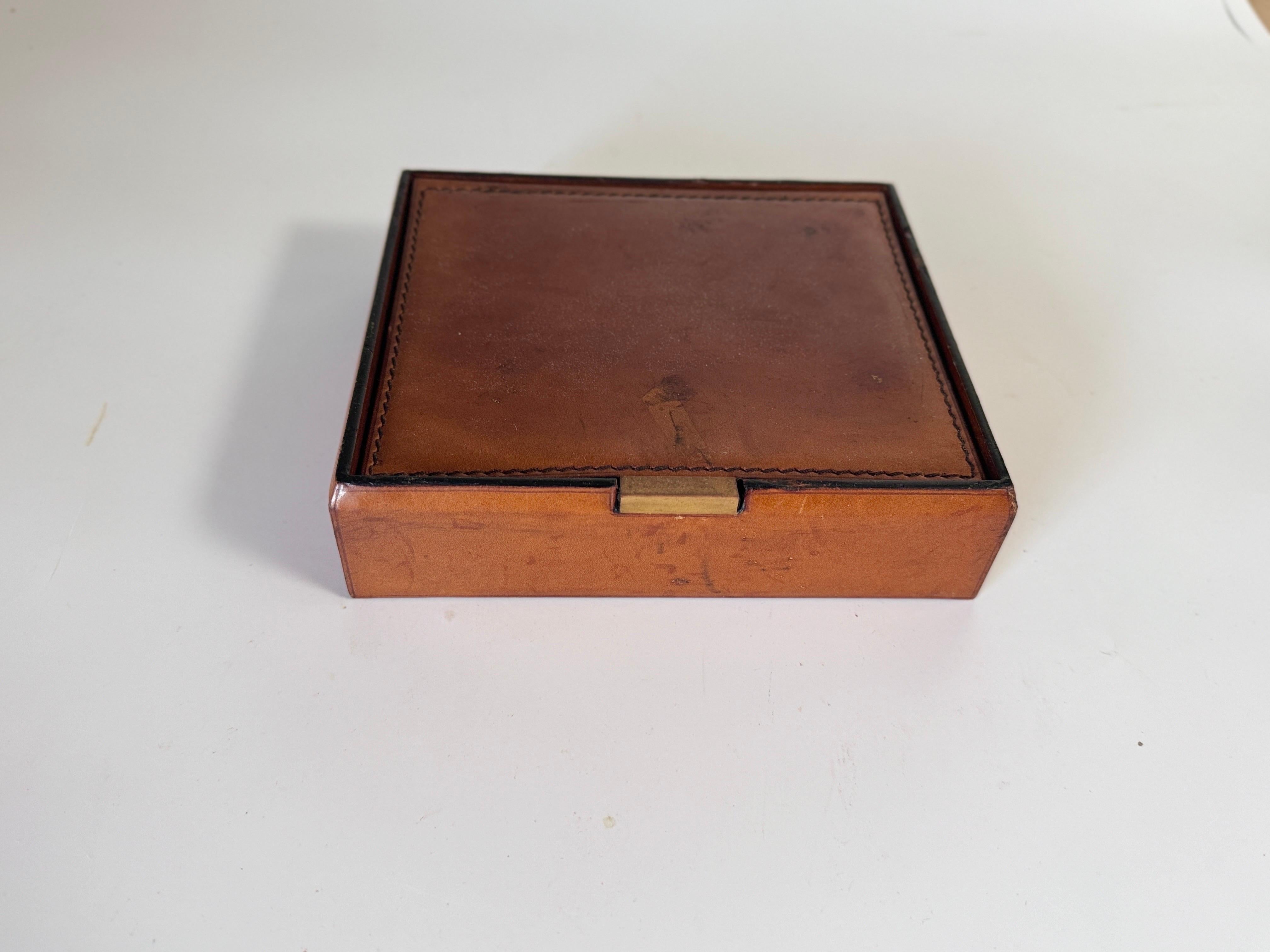 Leather Covered Tobacco Box Wood Brown Jacques Adnet Style France 1940 by Lancel For Sale 8