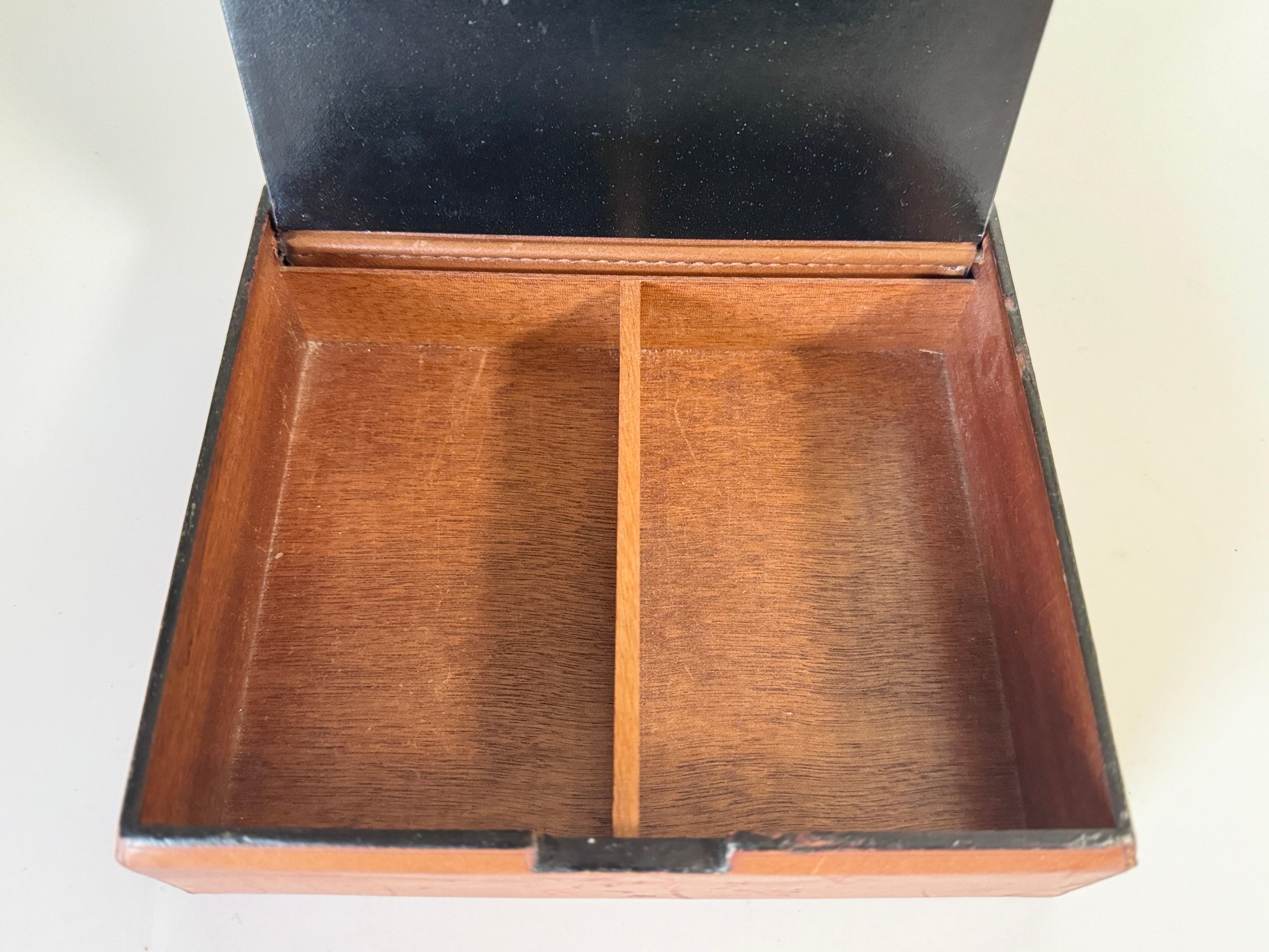 Leather Covered Tobacco Box Wood Brown Jacques Adnet Style France 1940 by Lancel For Sale 3