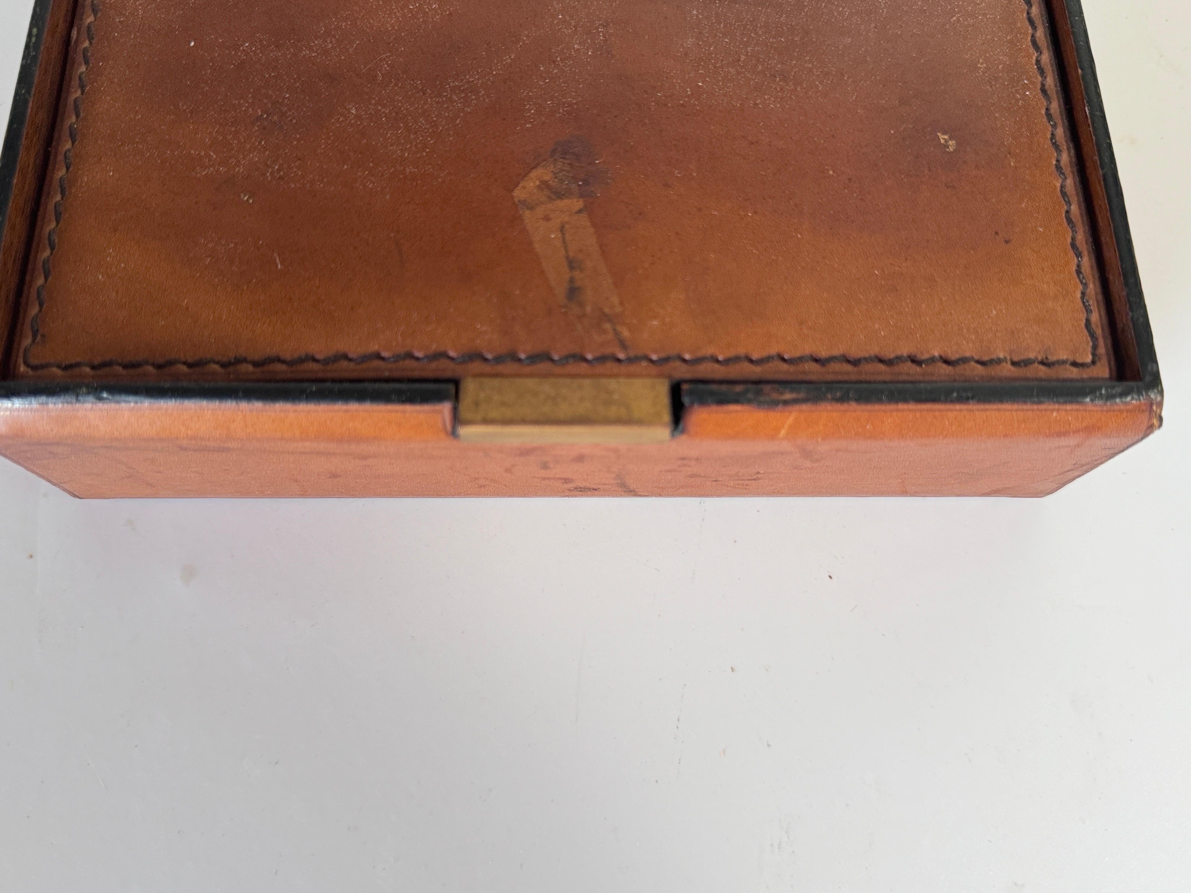 Leather Covered Tobacco Box Wood Brown Jacques Adnet Style France 1940 by Lancel For Sale 4