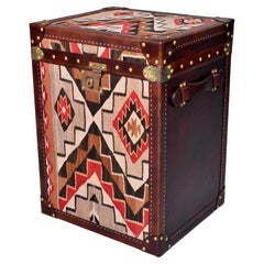 Leather Covered Trunk with Vintage Hardware and Kilim on Top and Front Panels