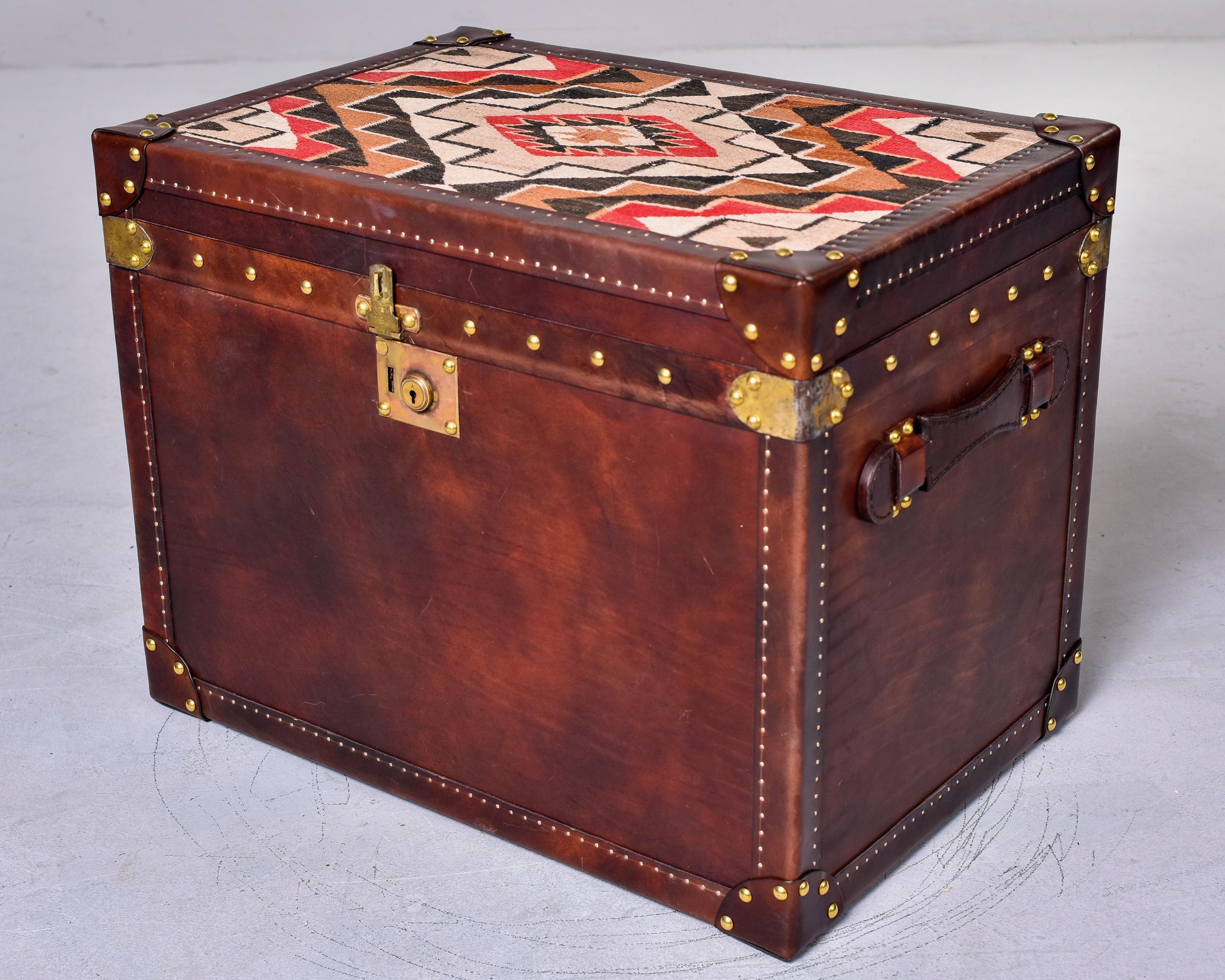 Leather Covered Trunk with Vintage Hardware and Kilim on Top Panel For Sale 2