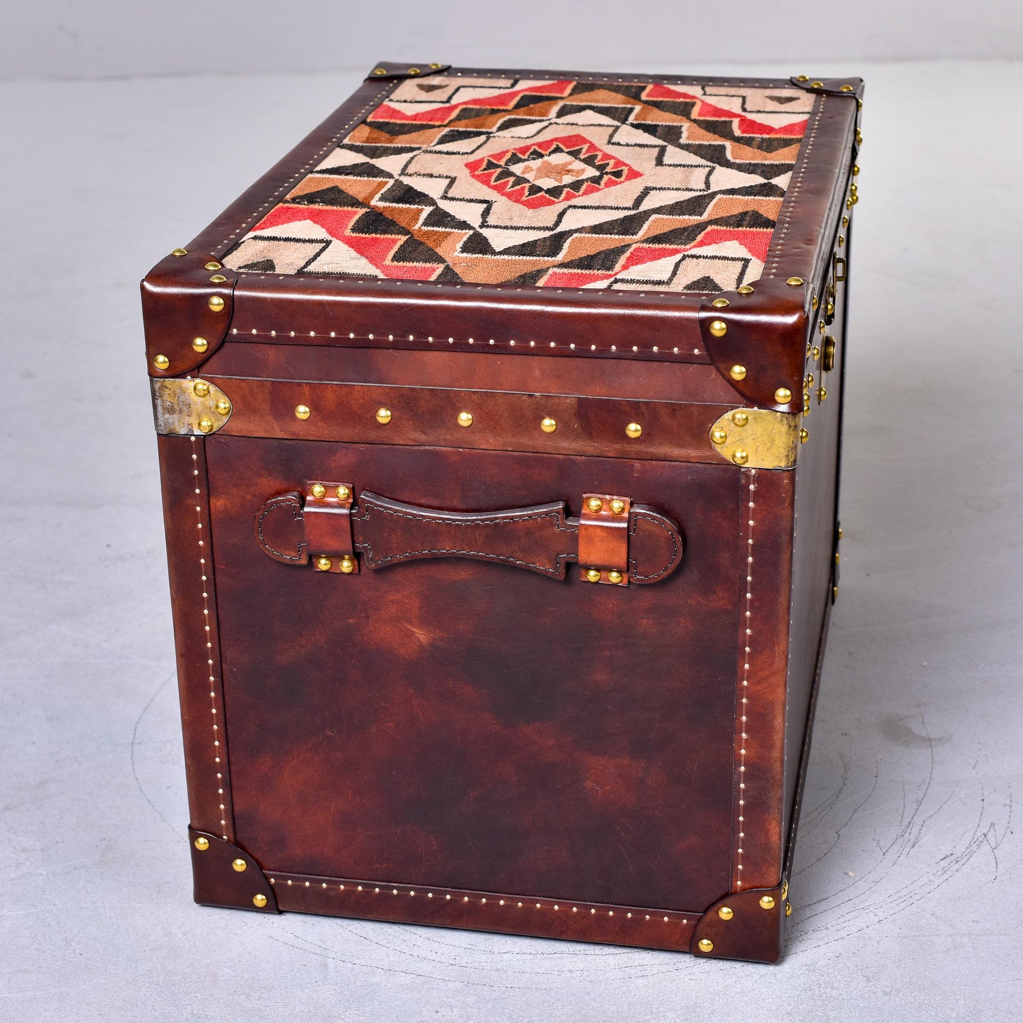 Bohemian Leather Covered Trunk with Vintage Hardware and Kilim on Top Panel For Sale