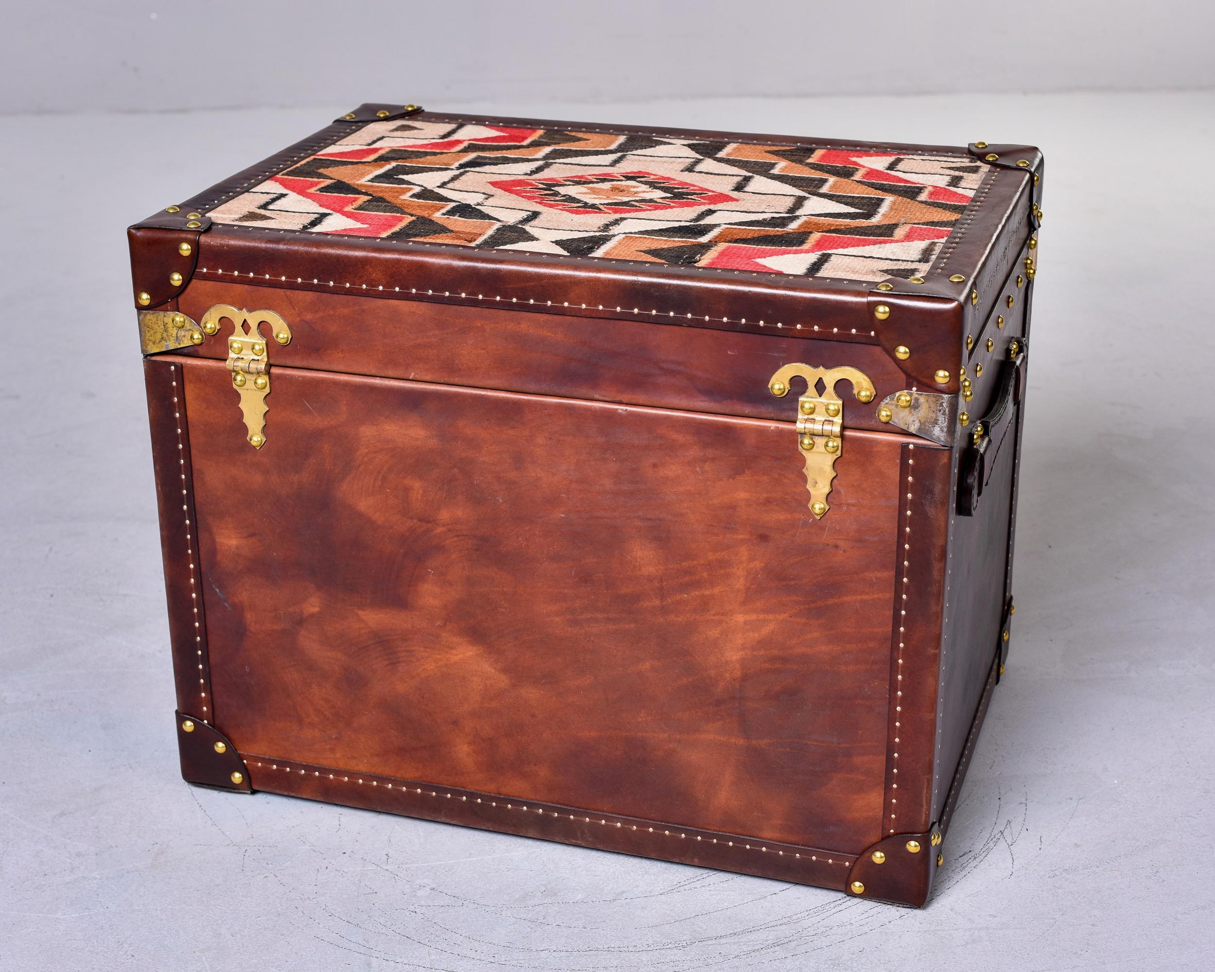 Leather Covered Trunk with Vintage Hardware and Kilim on Top Panel In Good Condition For Sale In Troy, MI