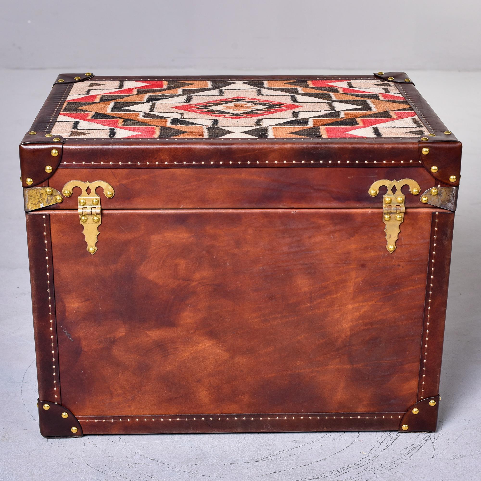 Contemporary Leather Covered Trunk with Vintage Hardware and Kilim on Top Panel For Sale