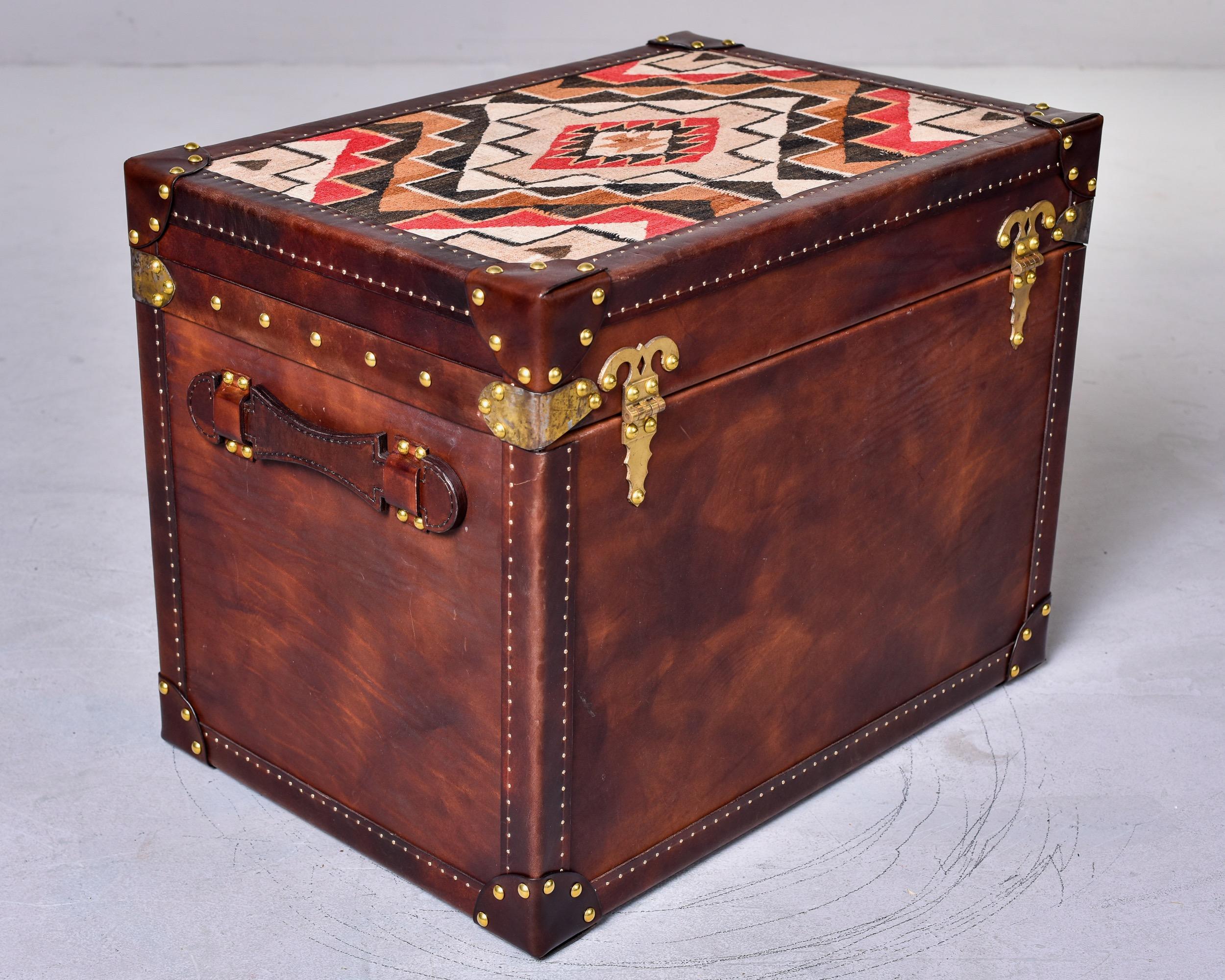 Brass Leather Covered Trunk with Vintage Hardware and Kilim on Top Panel For Sale
