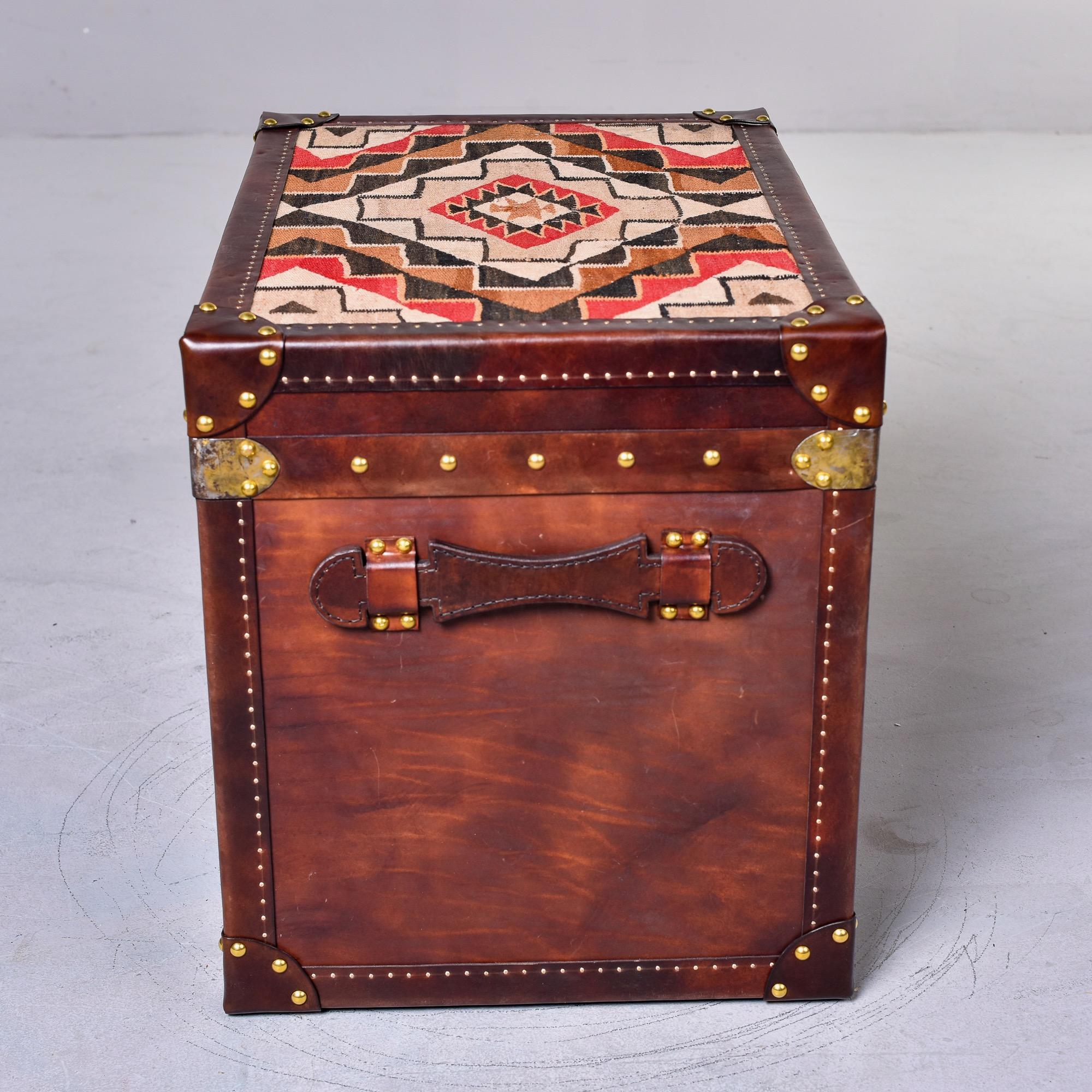 Leather Covered Trunk with Vintage Hardware and Kilim on Top Panel For Sale 1