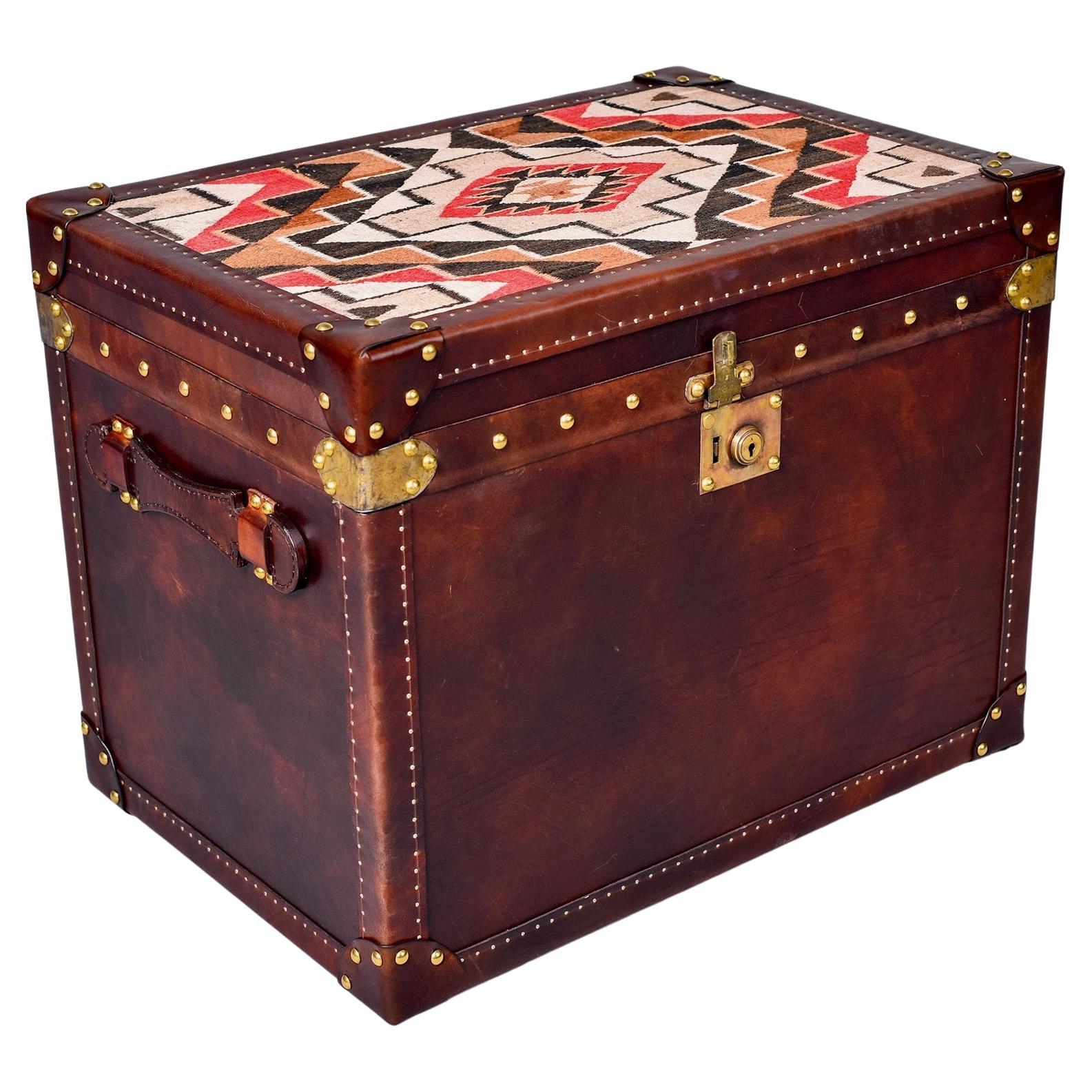 Leather Covered Trunk with Vintage Hardware and Kilim on Top Panel For Sale