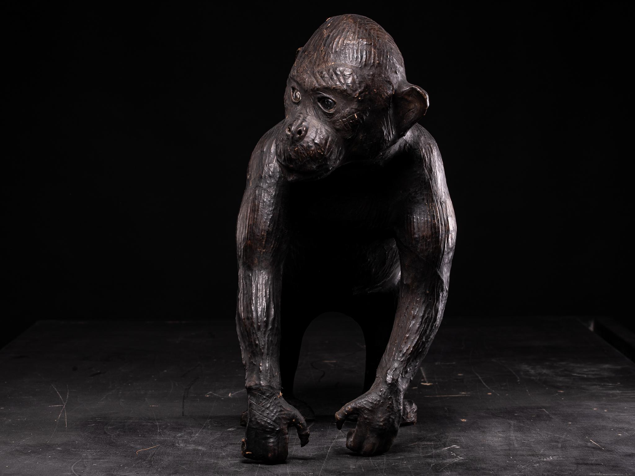Leather Covered Walking Monkey Statue with Glass Eyes and Beautiful Age Patina For Sale 2