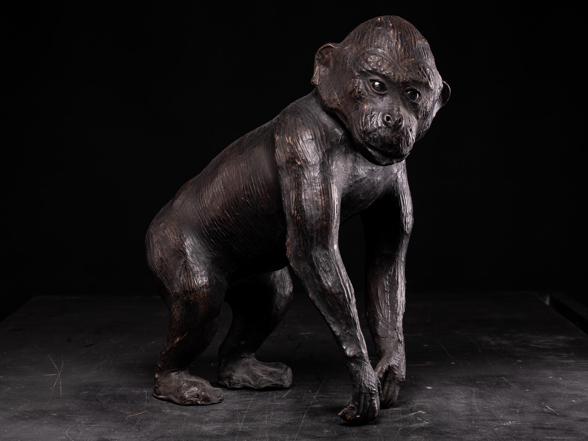 Leather Covered Walking Monkey Statue with Glass Eyes and Beautiful Age Patina For Sale 2